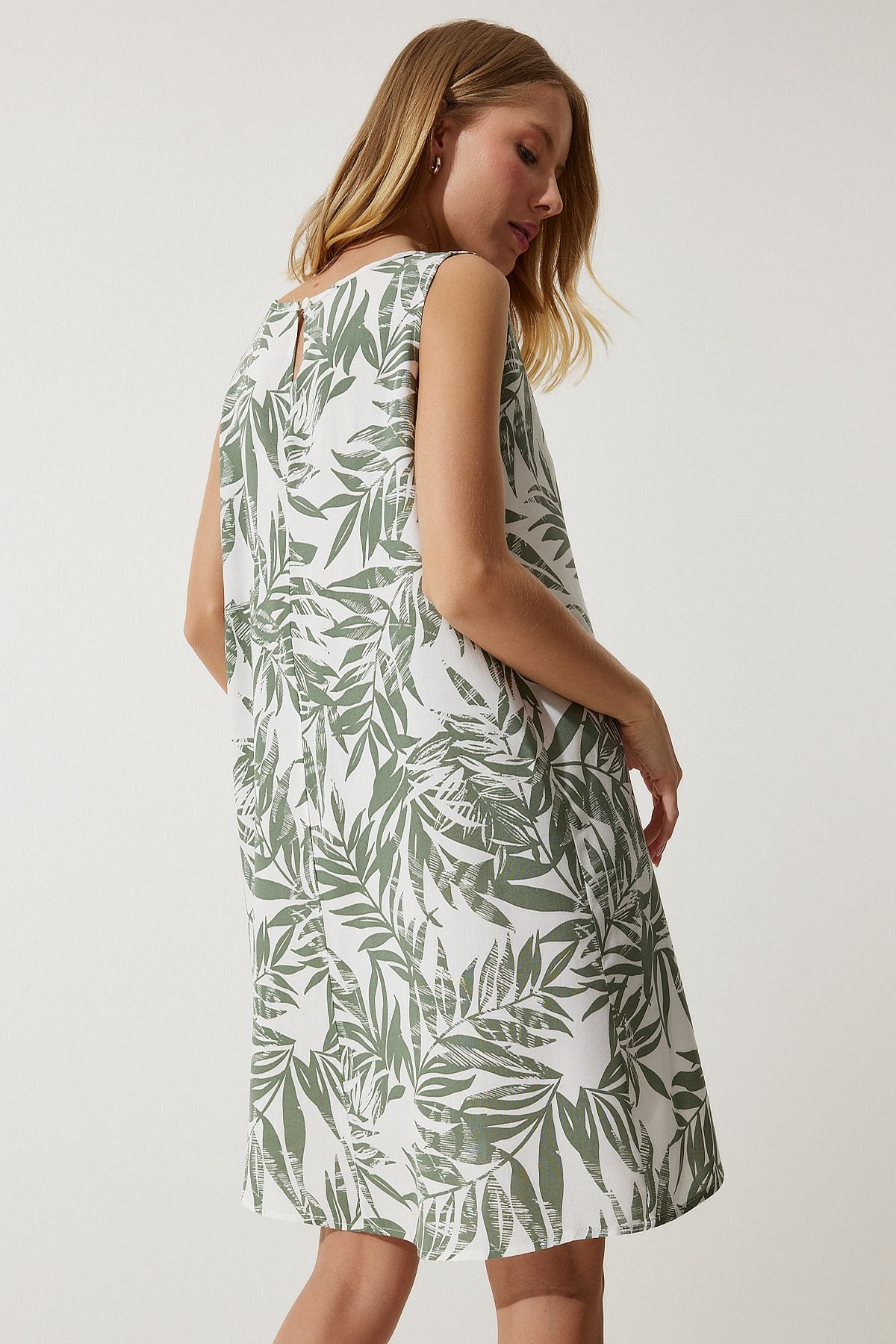 Female Cagla Green Patterned Linen viscose mini dress BH00343