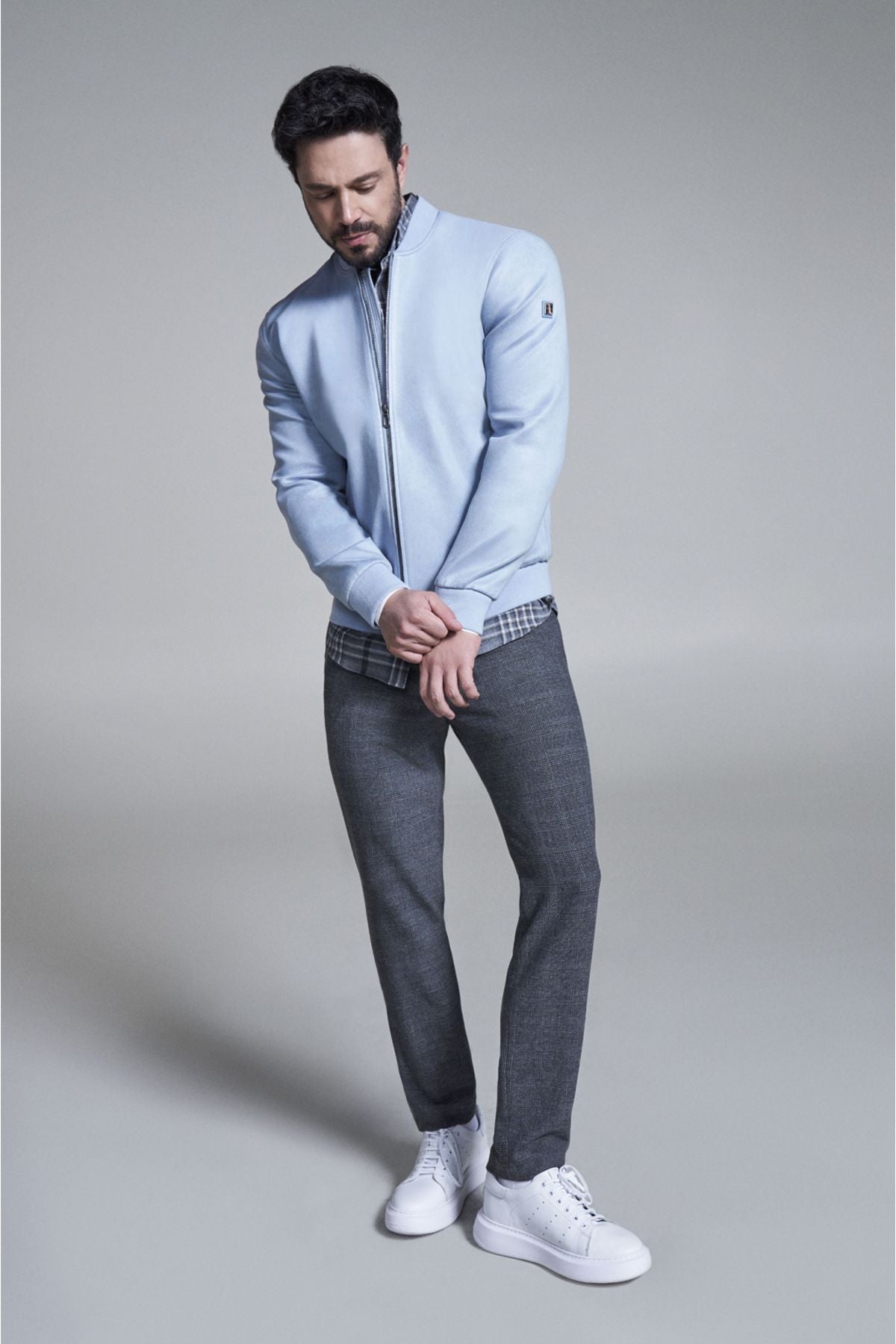 Men's Blue Zippered Suede -Look Bomber Ince Mont B006045