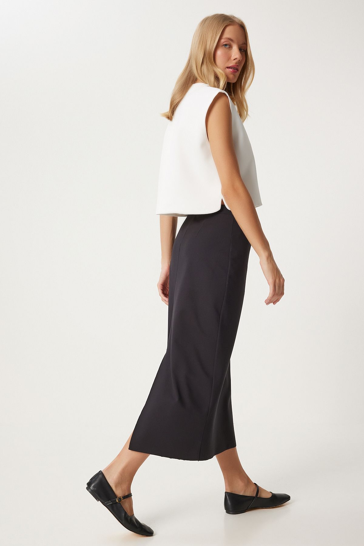 Women's black slit long pencil skirt FN03329