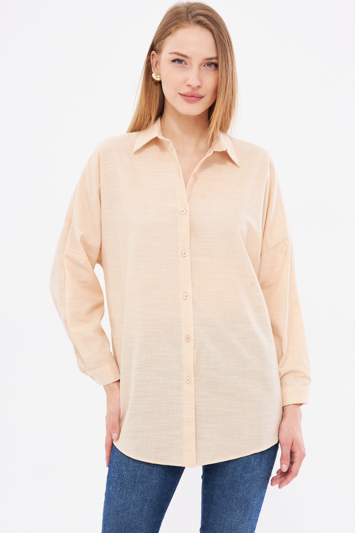 Woman Beige striped looking over the long basic shirt ARM-23Y001129