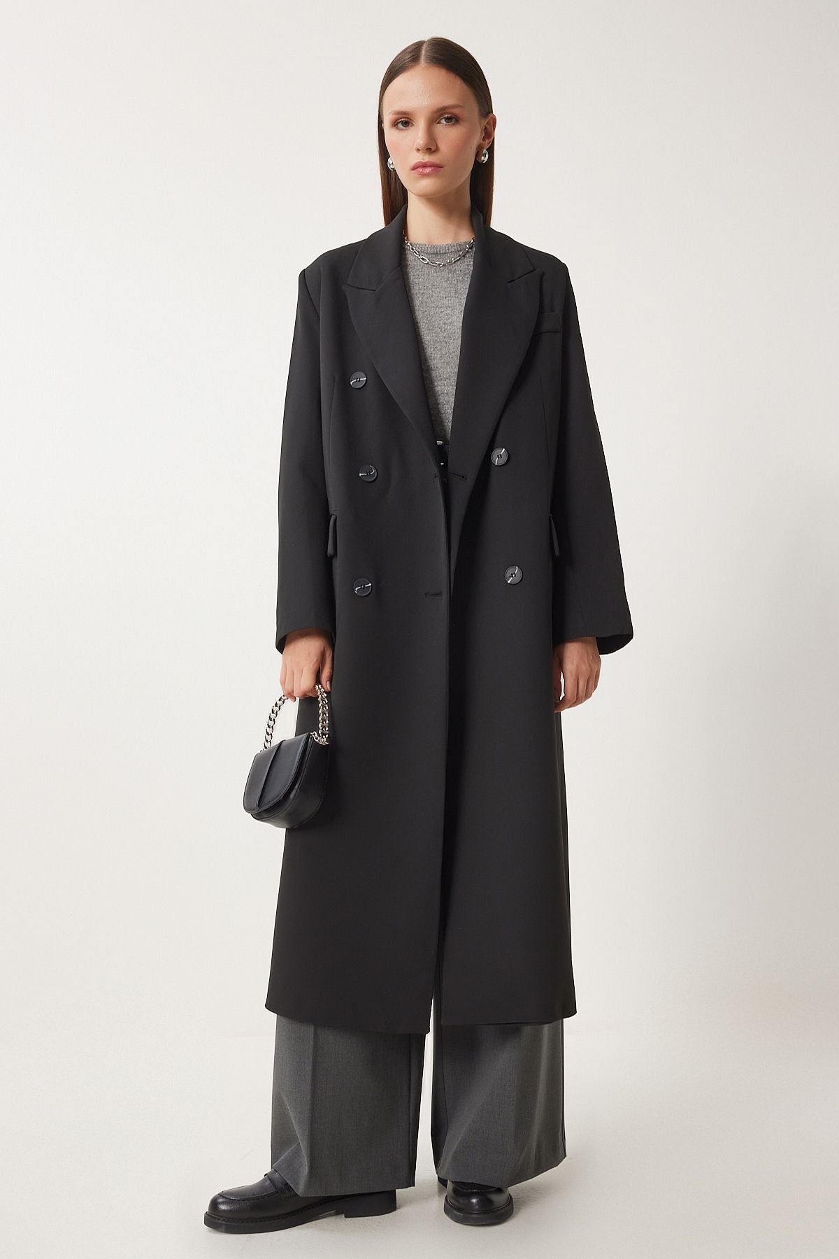 Female Black Shawl Yaka Oversize Premium Woven Jacket Coat FN03381