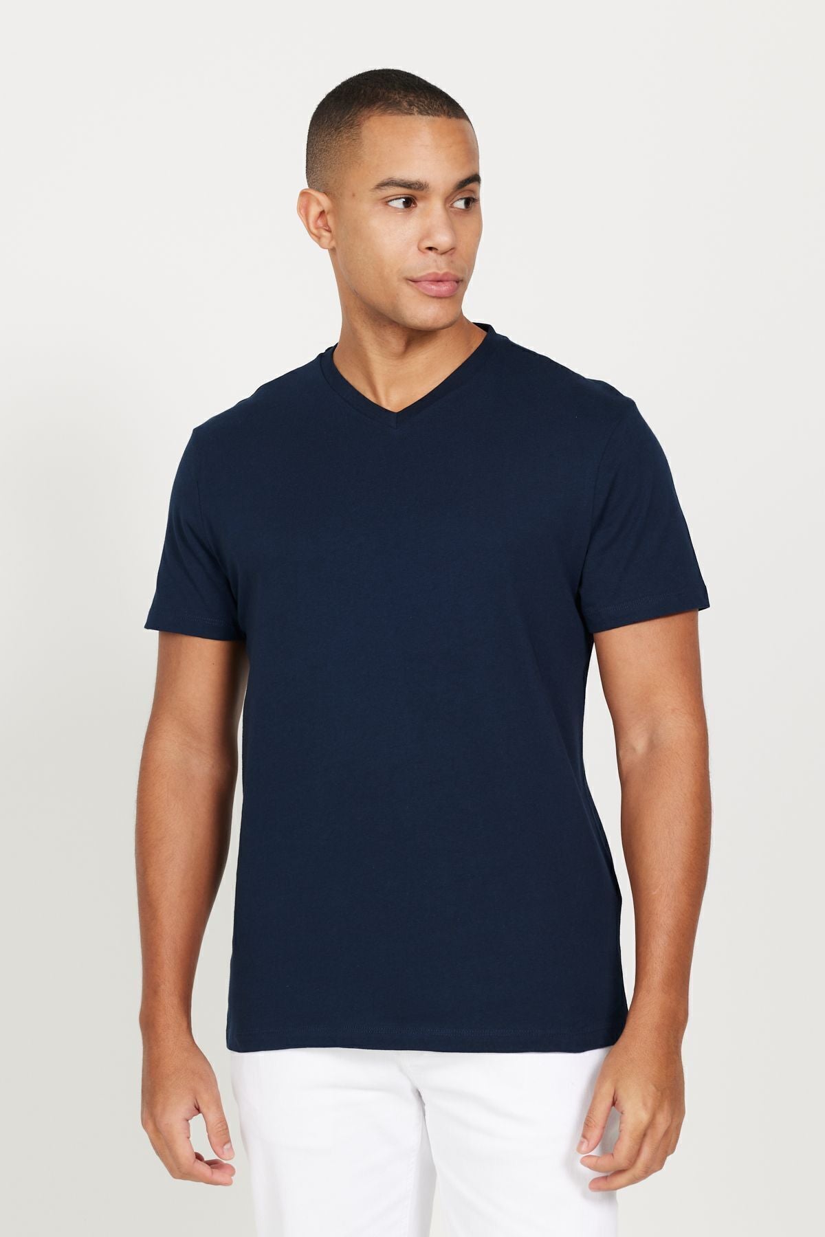 Men's Navy Blue-Lacivert 2 V-neck 100 %Cotton Slim Fit Narrow Cut Basic T-shirt