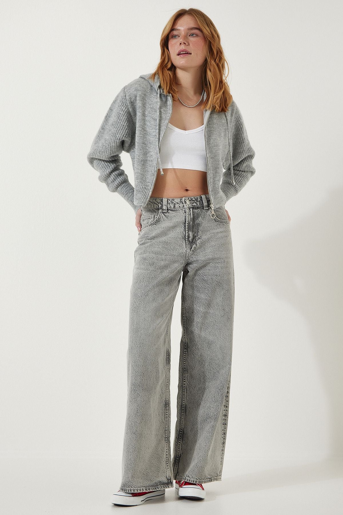 Female Gray Hooded Zipper Triko Cardigan YY00203
