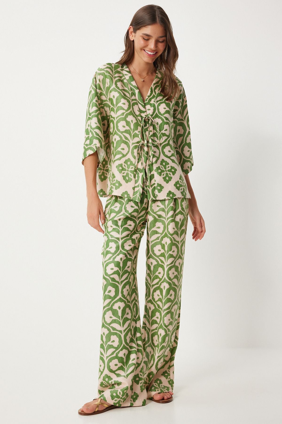 Female Green Cream Patterned Viscose Blouse Palazzo Set FN03278
