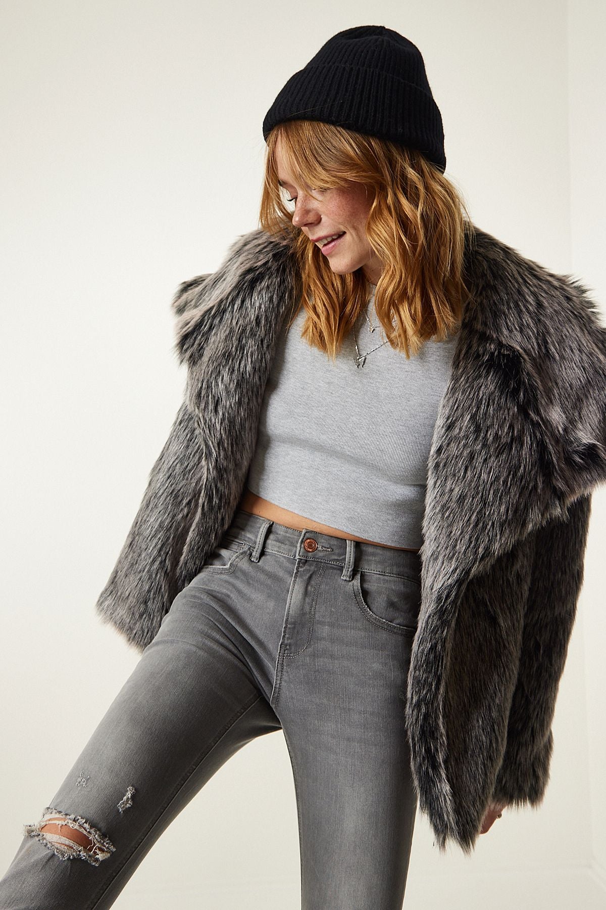 Gray Premium wide collar artificial fur jacket FN03169