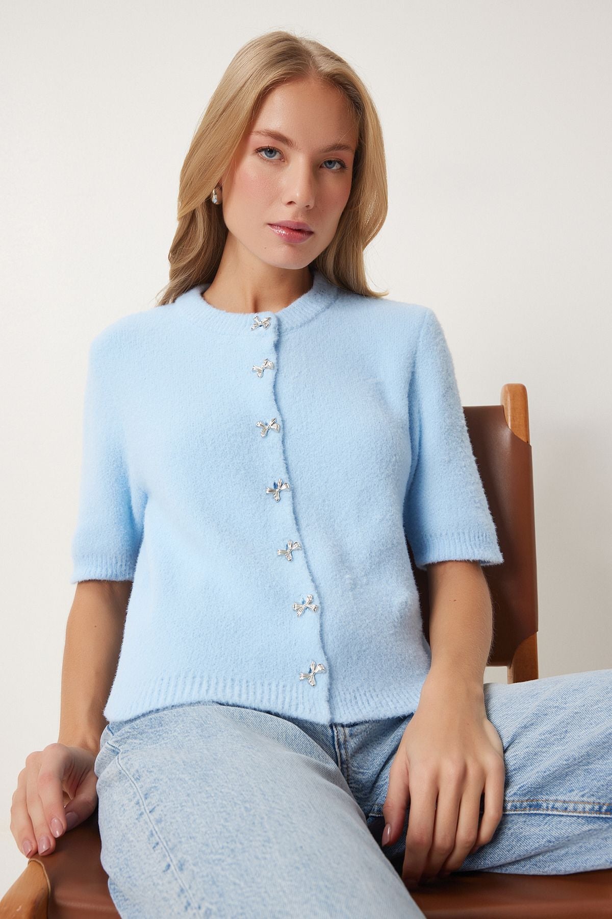 Woman Sky Blue Stylish Bow Button Triko Cardigo DP00219