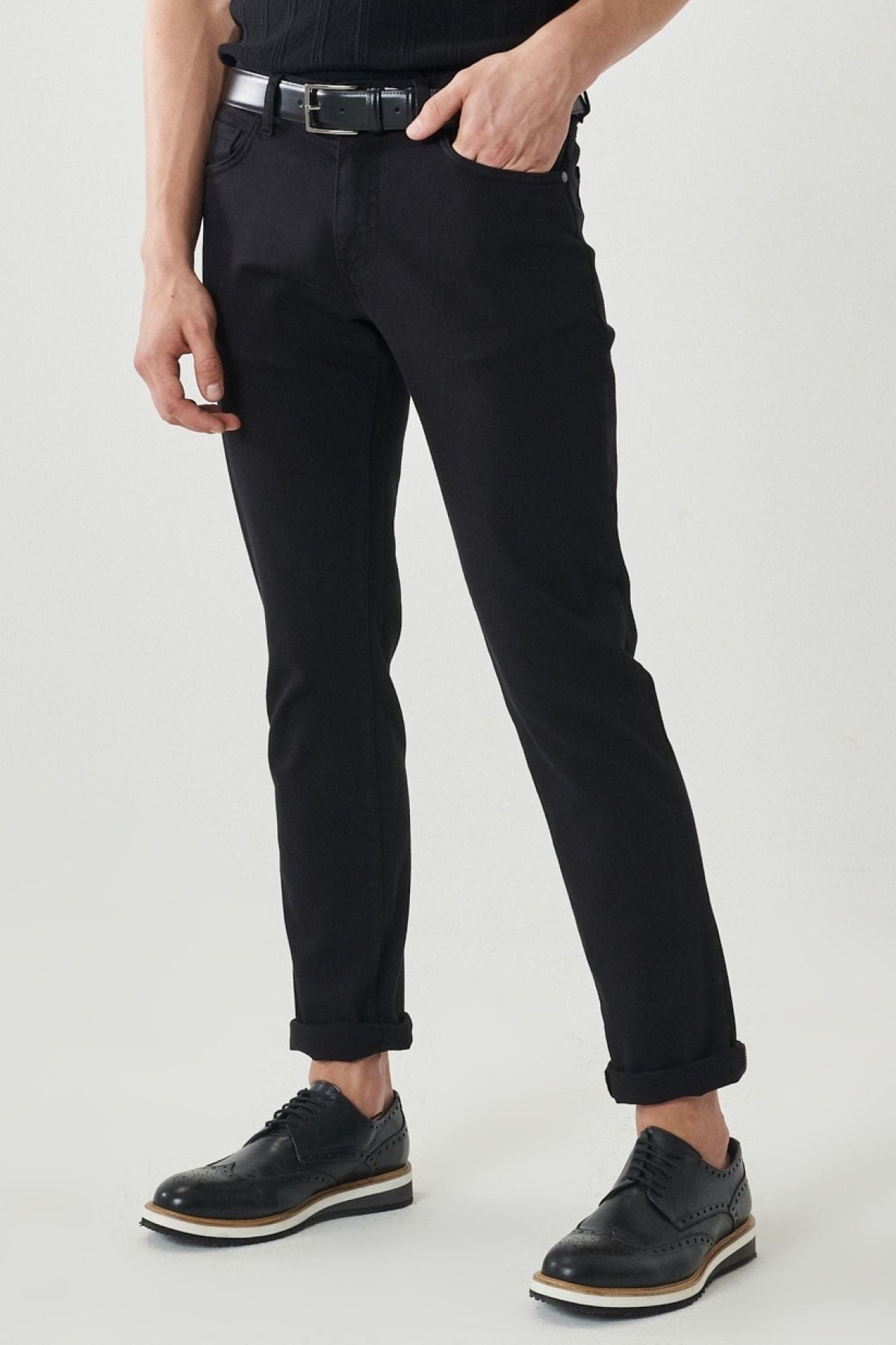 Men's black 360 degrees stretching in all directions slim fit narrow cut cotton cotton pants