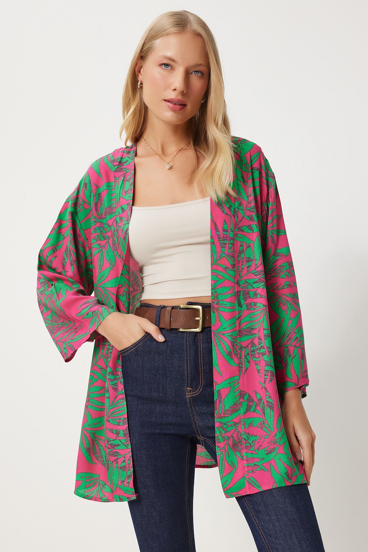 Female Pink Green Patterned Viscose Kimono EN00615