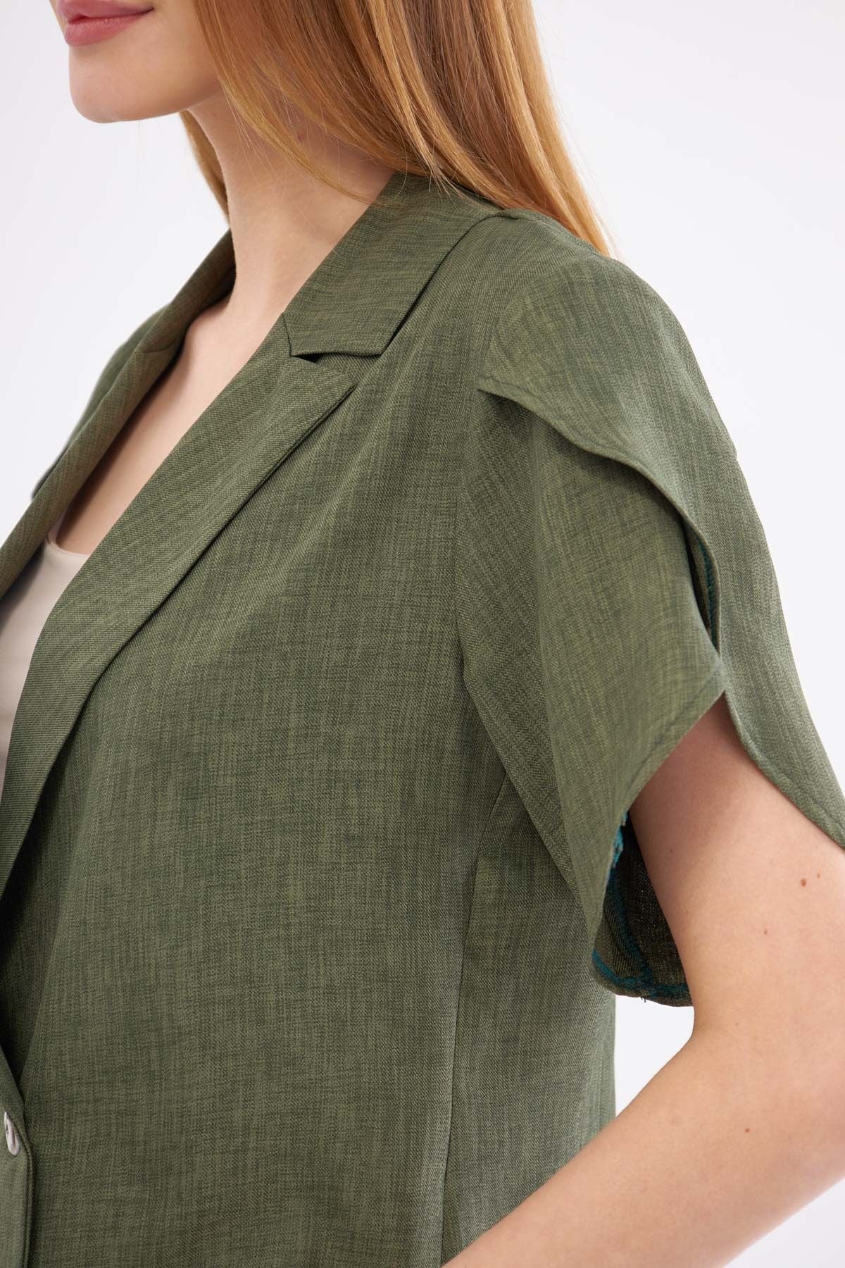 Women's Khaki Band Slit Detail Crop Short Sleeve Jacket ARM-24Y001048