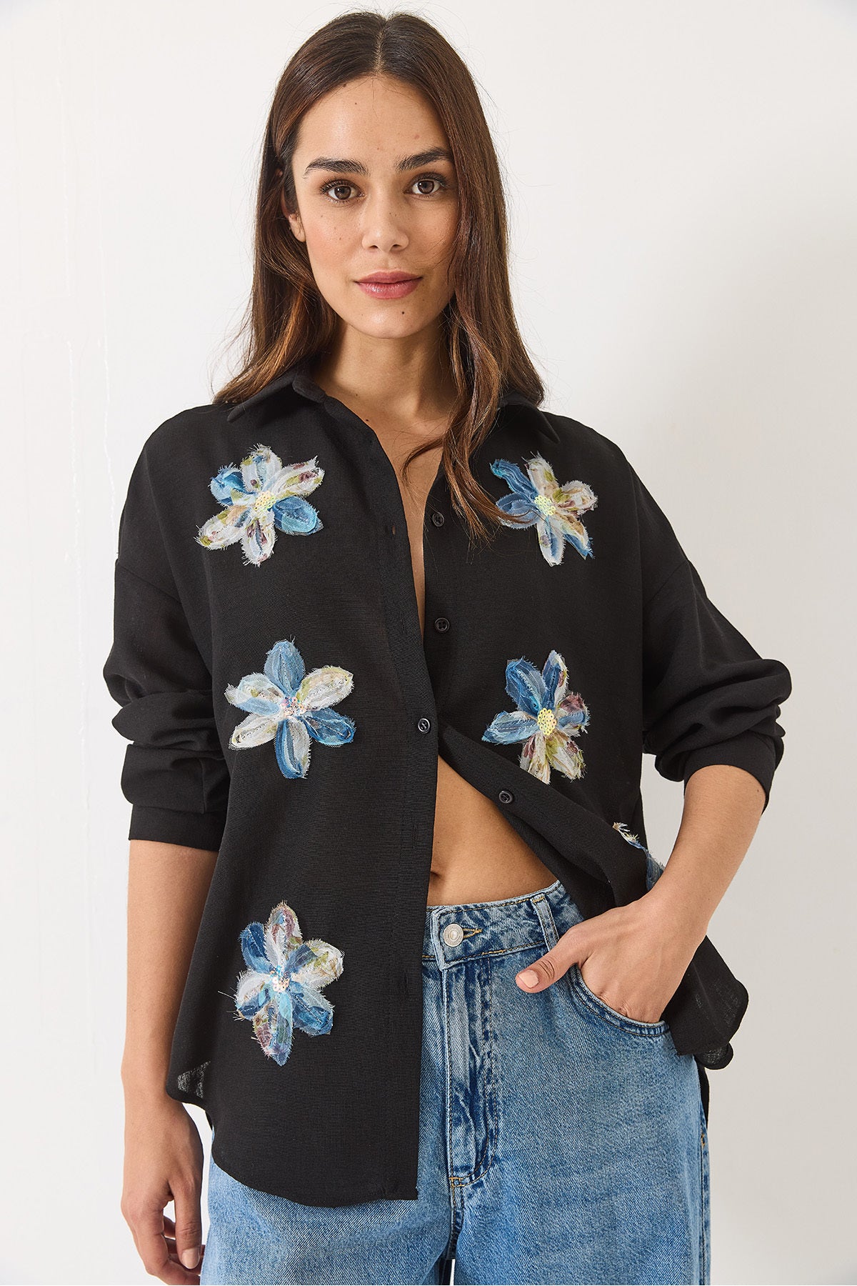 Women's Tulle Flower Accessory Long Sleeve Cotton Shirt 6526 60283057