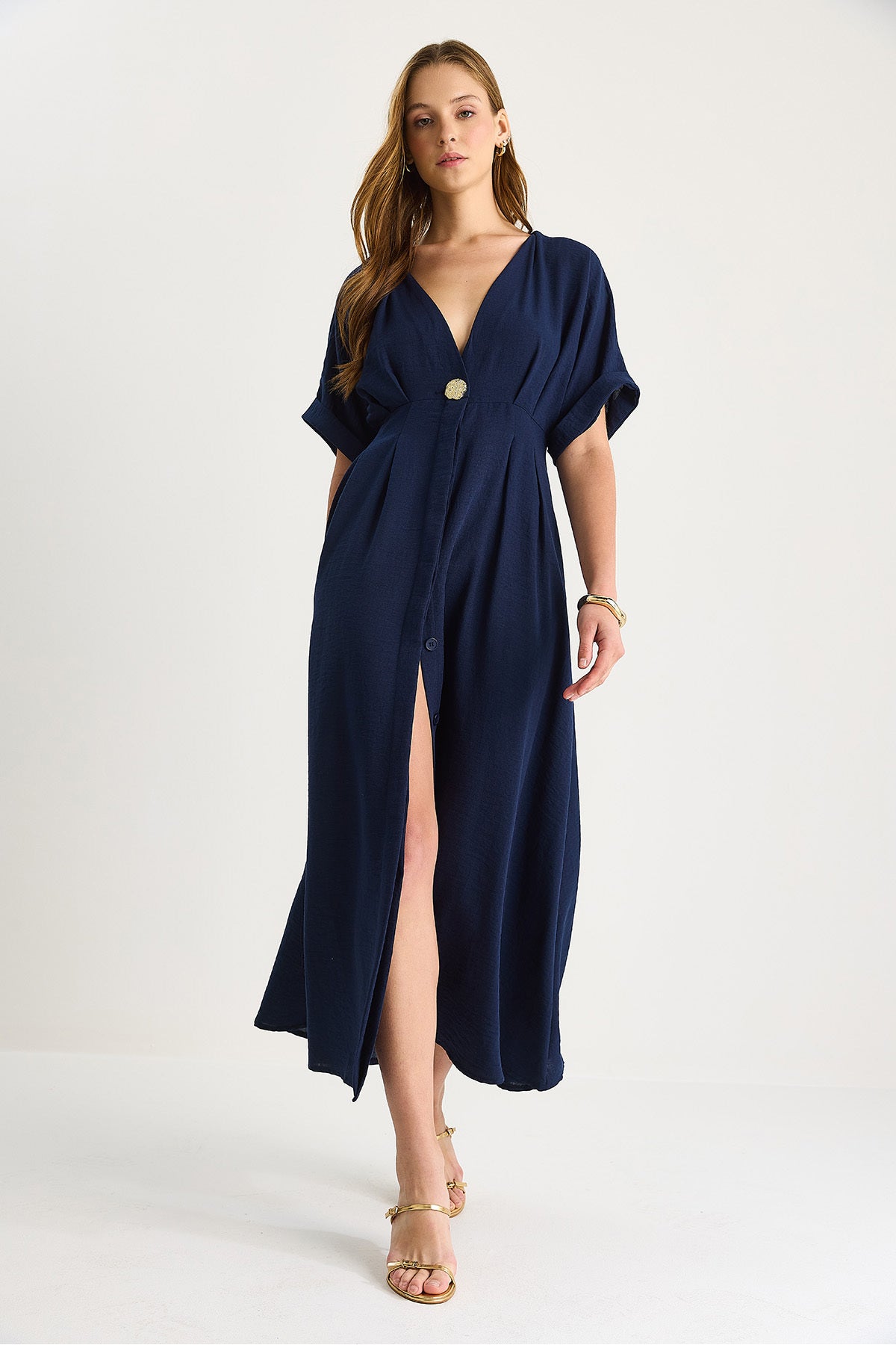 Women's V-Neck Gold Button Detailed Linen Dress 5266 60281107