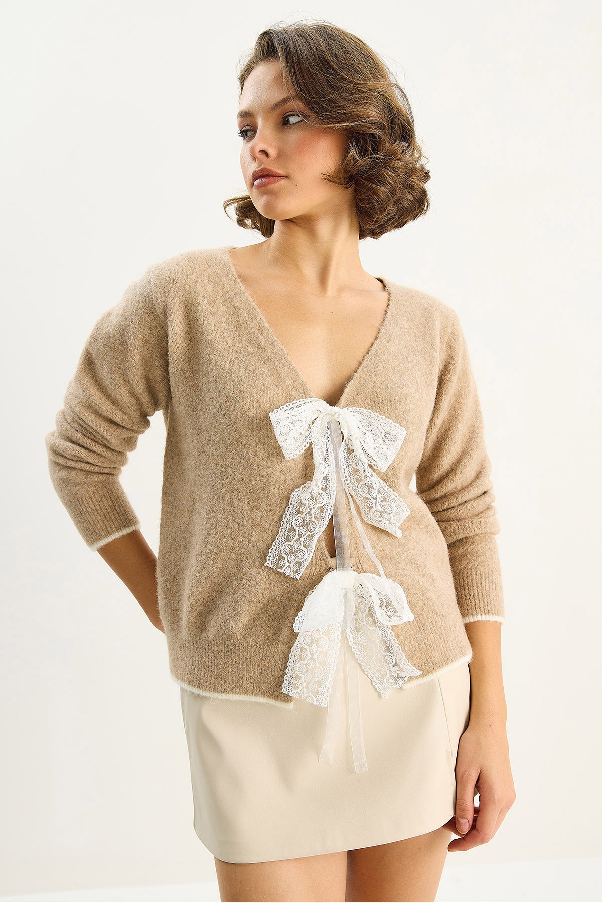 Women's V-Neck Bow Accessory Closure Knitwear Cardigan 9056 60283707