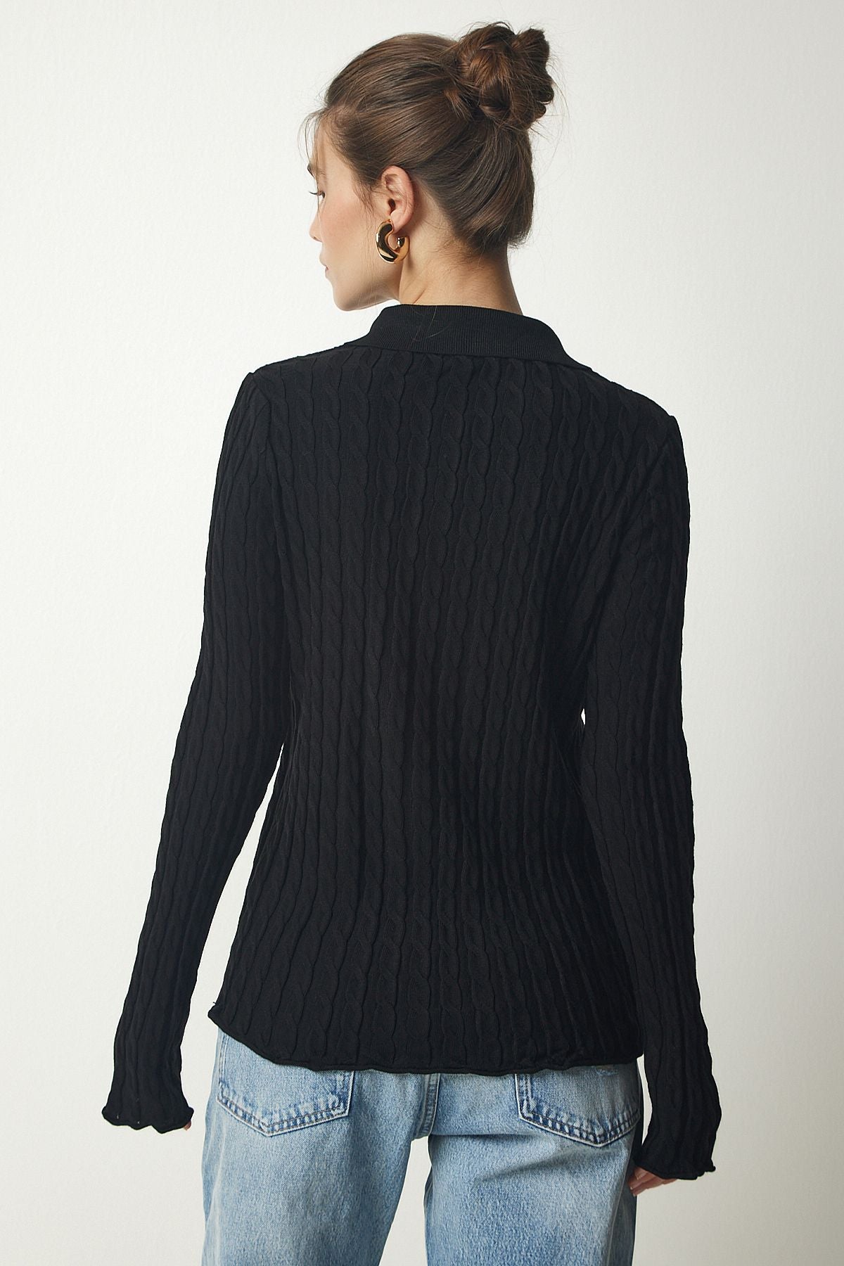 Female black polo collar knitted knitwear cardigan FN03117