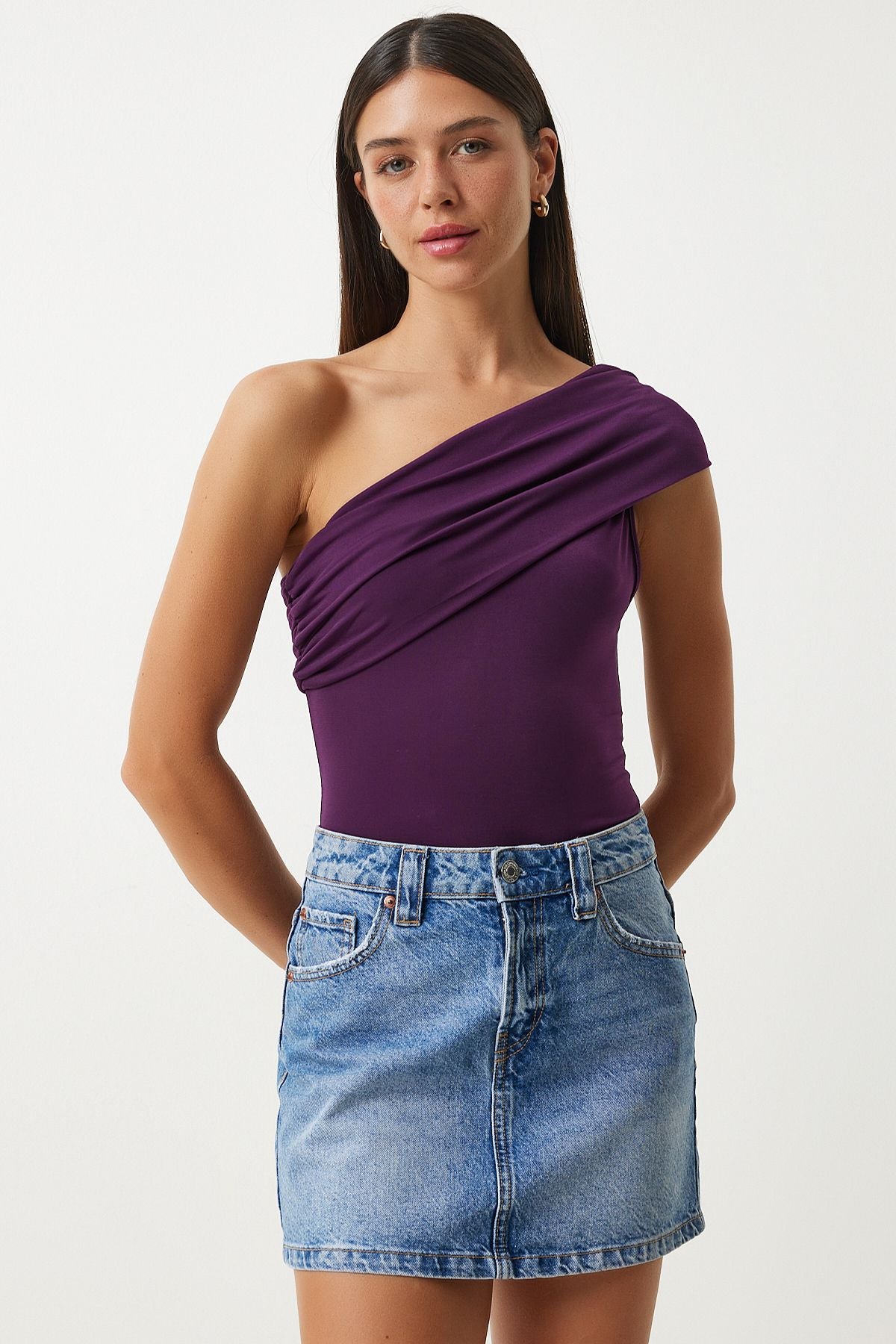 Woman purple single shoulder shirred knitted blouse dz00112