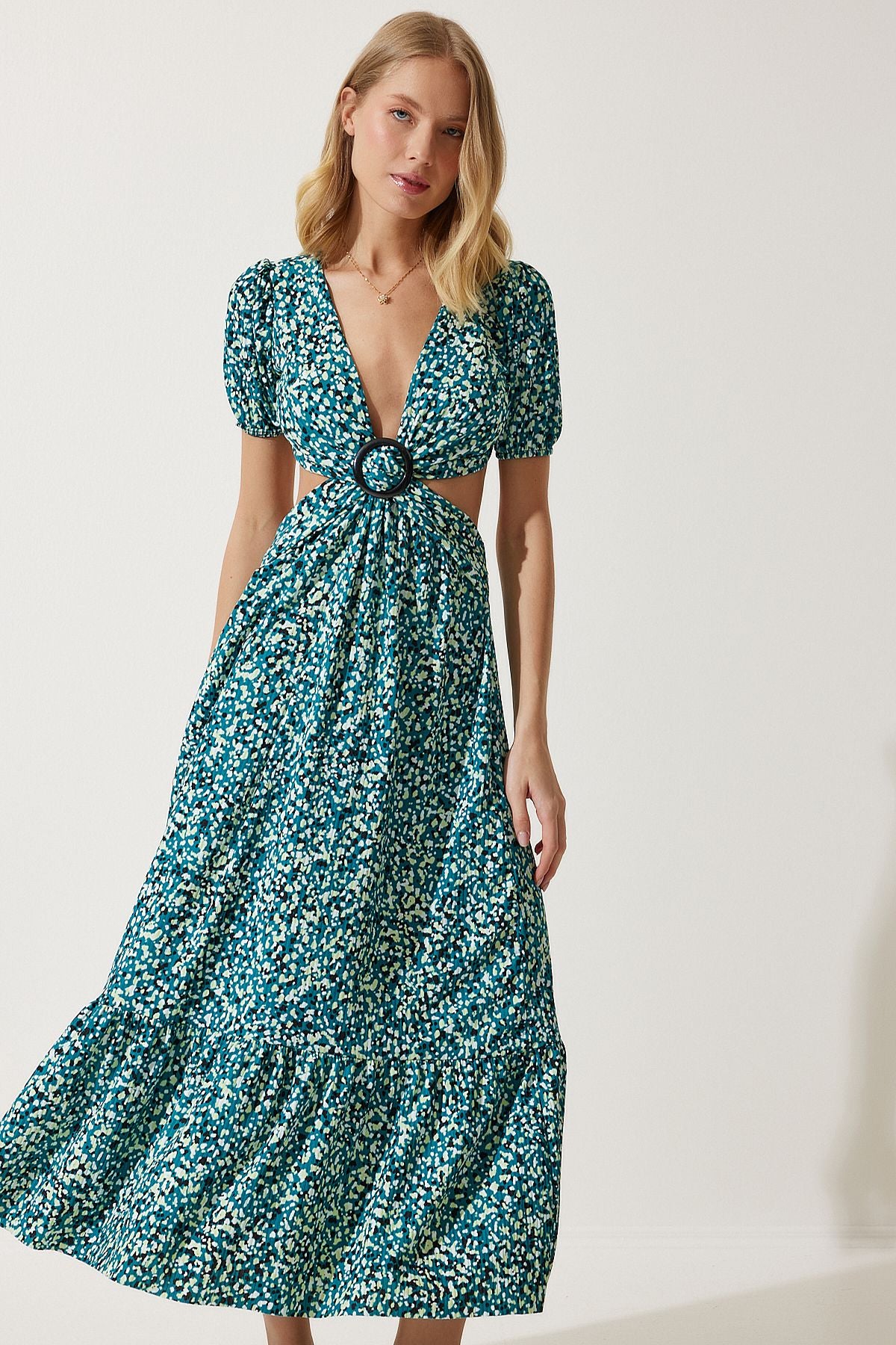 Female Green Patterned Window Detailed Flip Knitting Dress MC00263