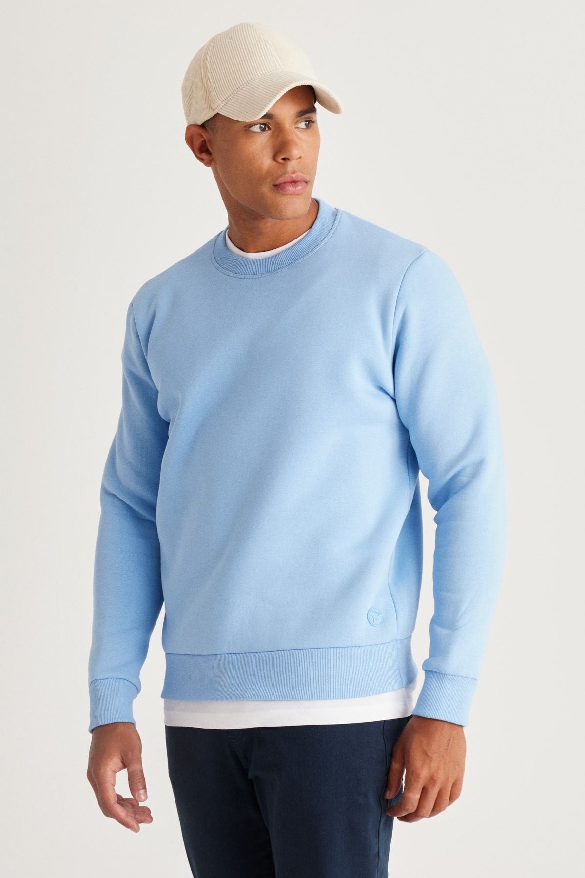 Men's Light Blue Standard Fit Normal Normal Cut Içi polar 3 IP bicycle collar cotton sweatshirt