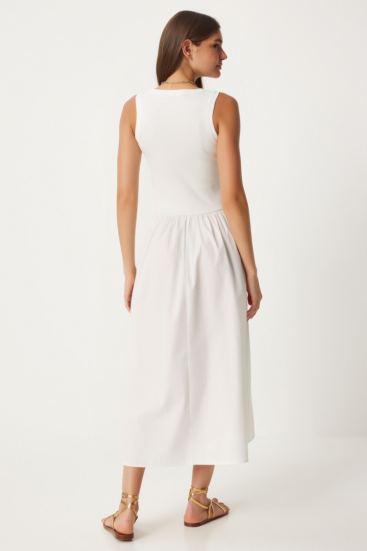 Woman White Sleeveless Weave Dress FN03257
