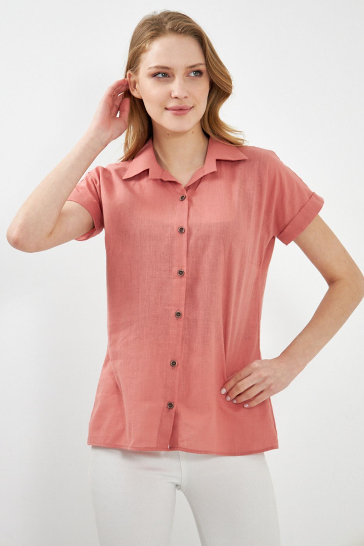 Woman Salmon Short Sleeve Linen Shirt ARM-24Y001038