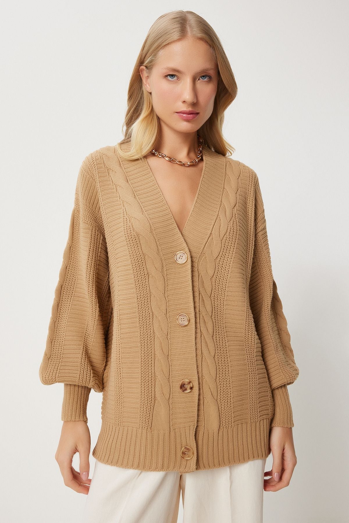 Female biscuit braided bubble sleeve shabby knitwear cardigan za00039