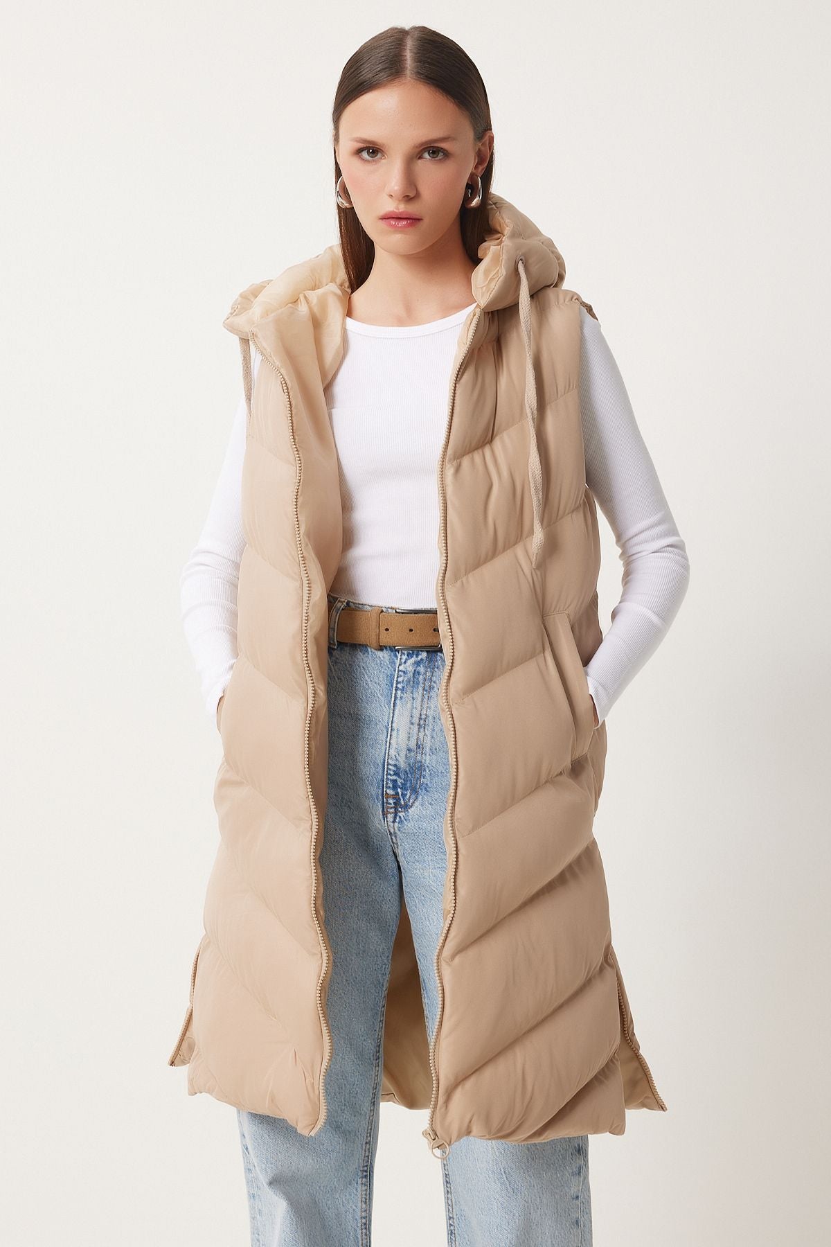 Women's cream hooded long swelling vest RV00031