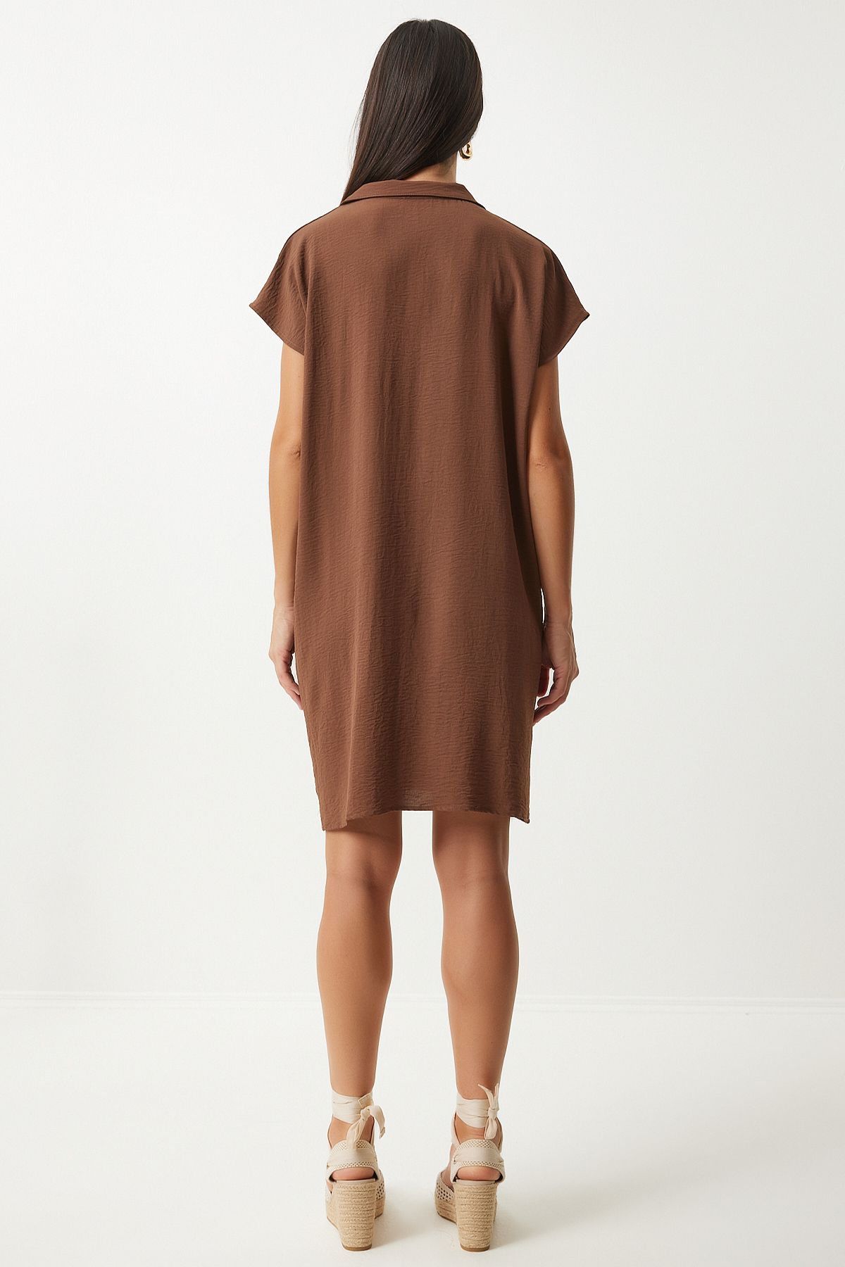 Female Brown Polo Yaka Summer Abundant Linen Ayrrin Dress to00138