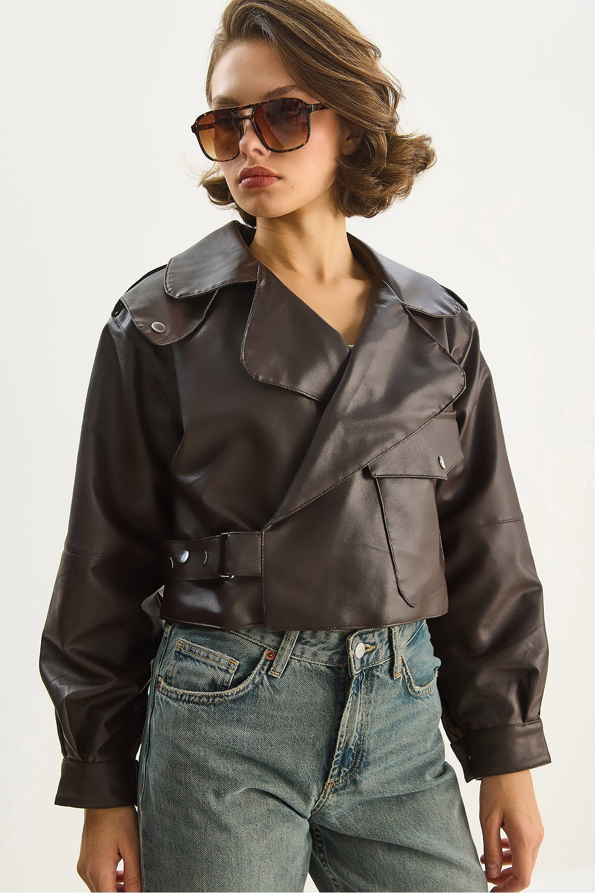 Women's Wide Pocket Detailed Belted Oversize Crop Leather Jacket 3129 60284102