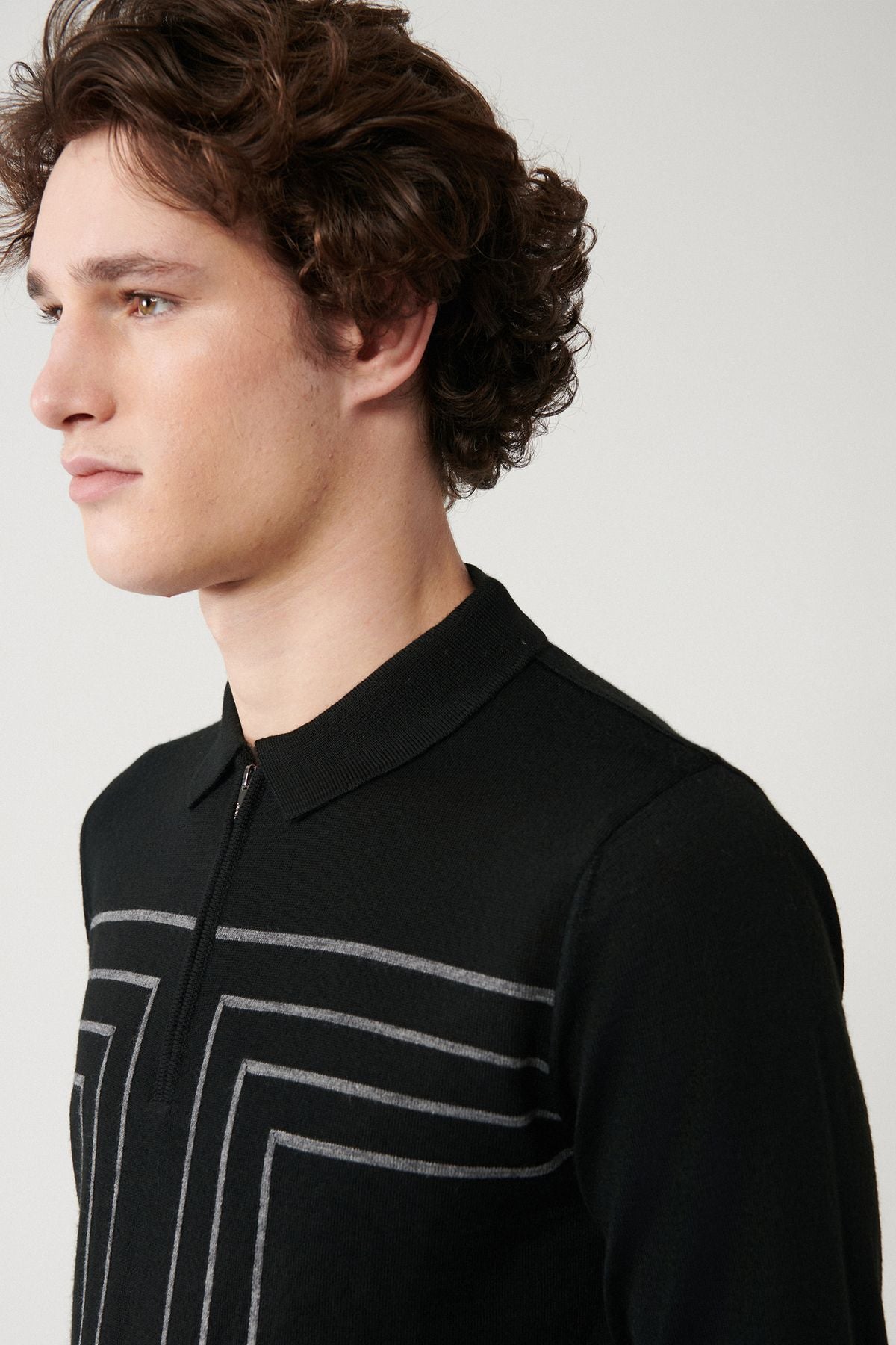 Men's black zipper wool mixture striped knitwear sweater A32Y5094