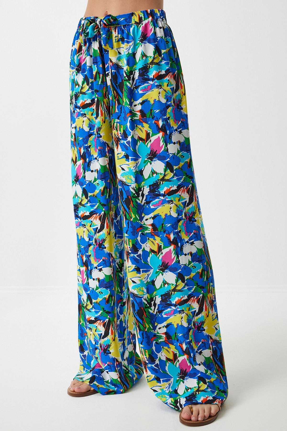 Woman Yellow Blue Blue Patterned Viscose Palazzo Pants EN00606