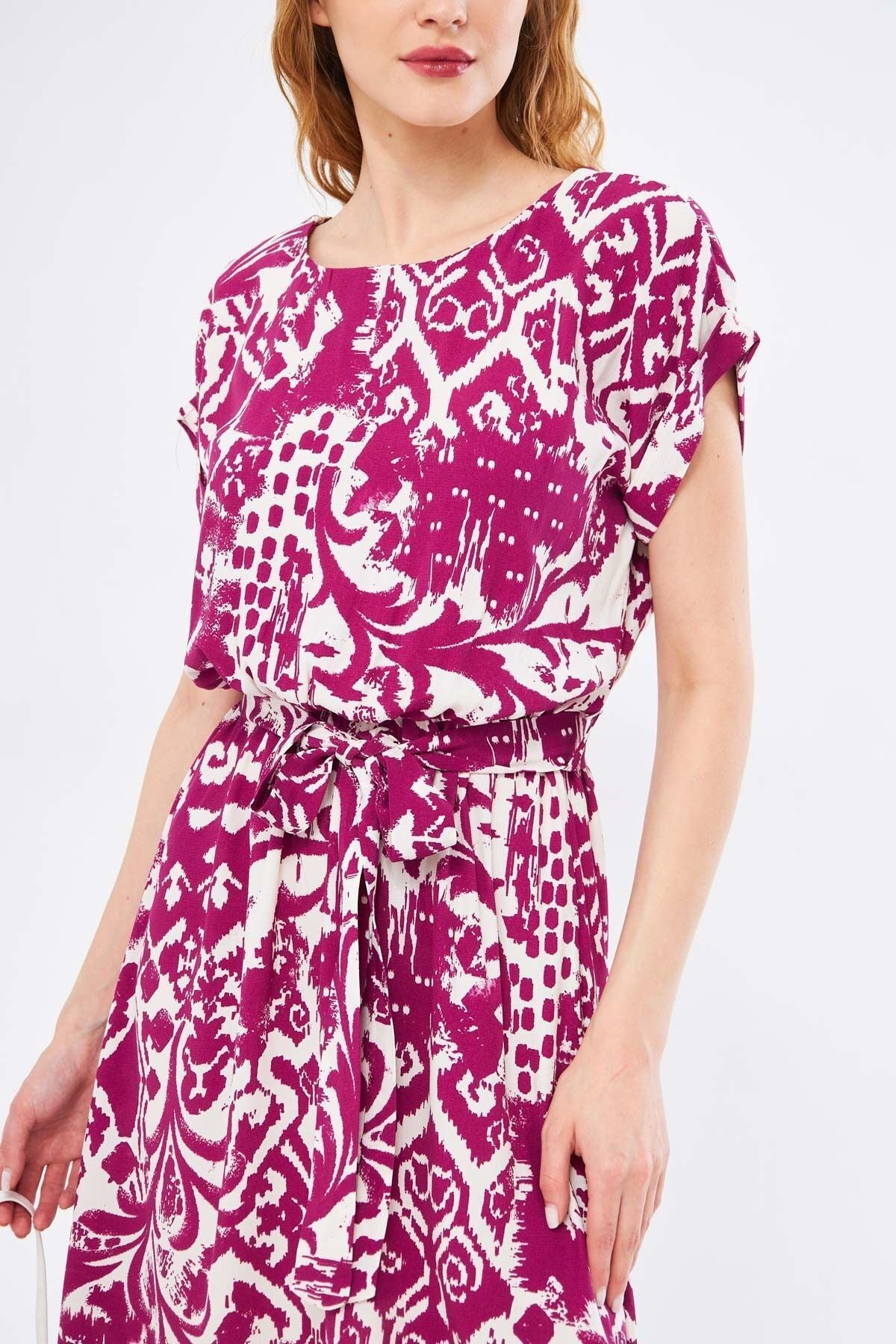 Woman Purple Waist Title Tinded Patterned Dress ARM-221044
