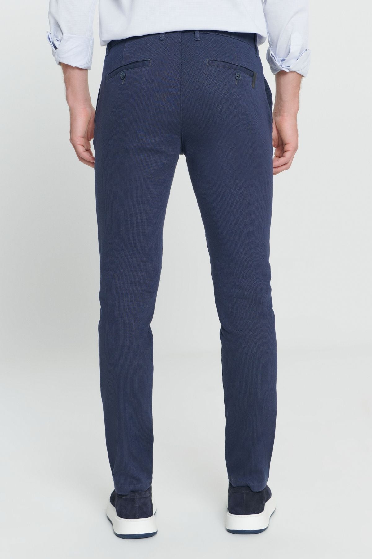 Men's navy blue slim fit narrow -cut side pocket cotton flexible pants