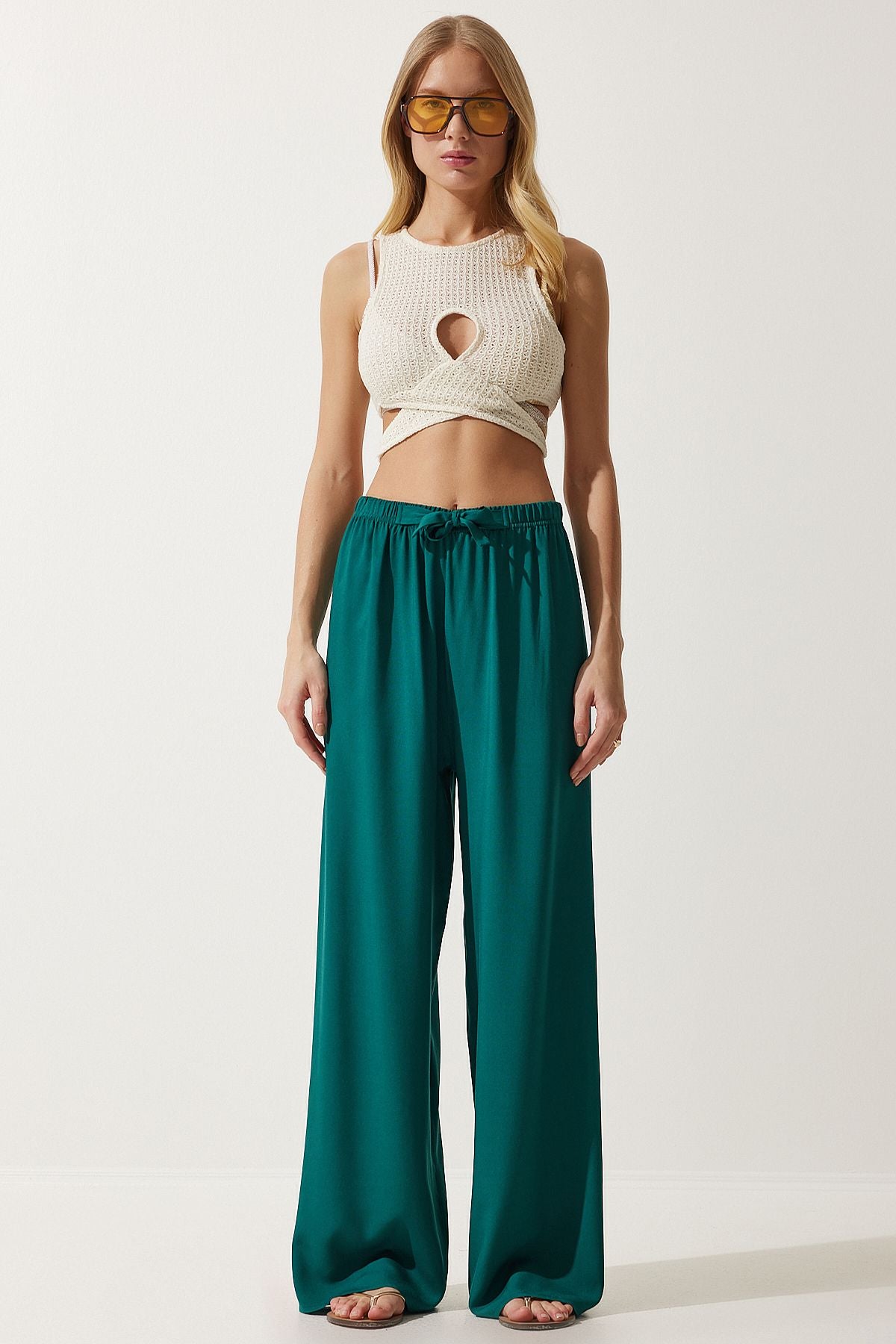 Female Emerald Green Summer Viscose Palazzo Pants EN00610