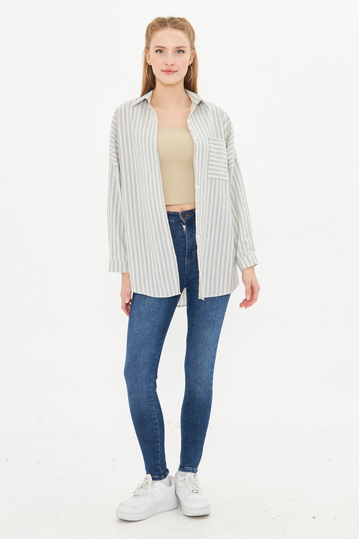 Female Mint Striped Long Sleeve Pocket Detail Pleeled Pleeled Shirt ARM-24Y001057