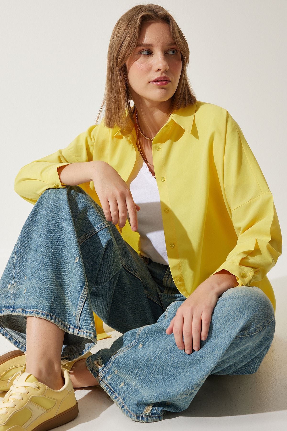 Woman Yellow Oversize Long Basic Shirt DD00842