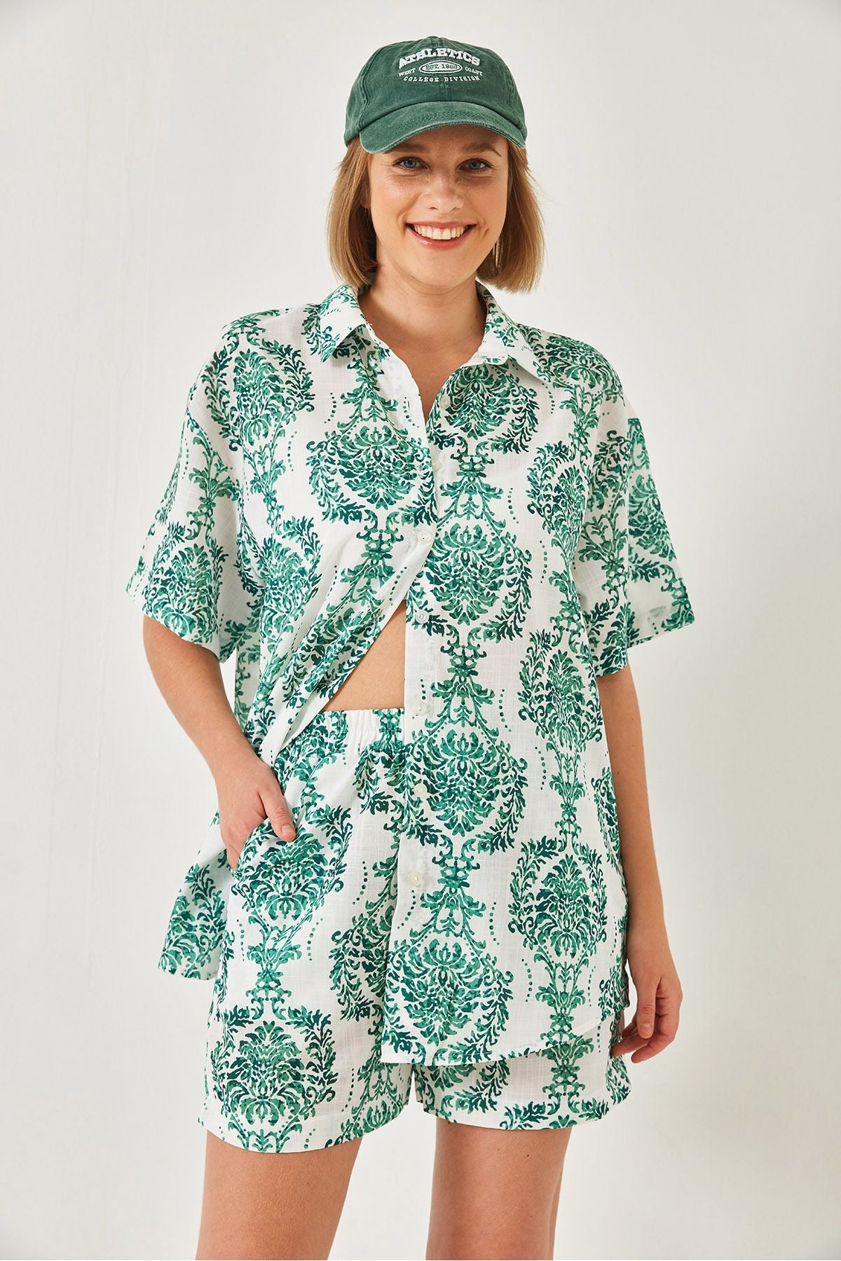 Women's tropical patterned weaving shirt shorts upset team 60255 60271035