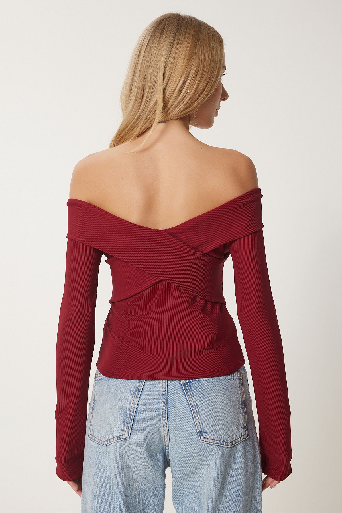 Female Bordeaux Crafts Neckline Open Knitting Blouse FF00169