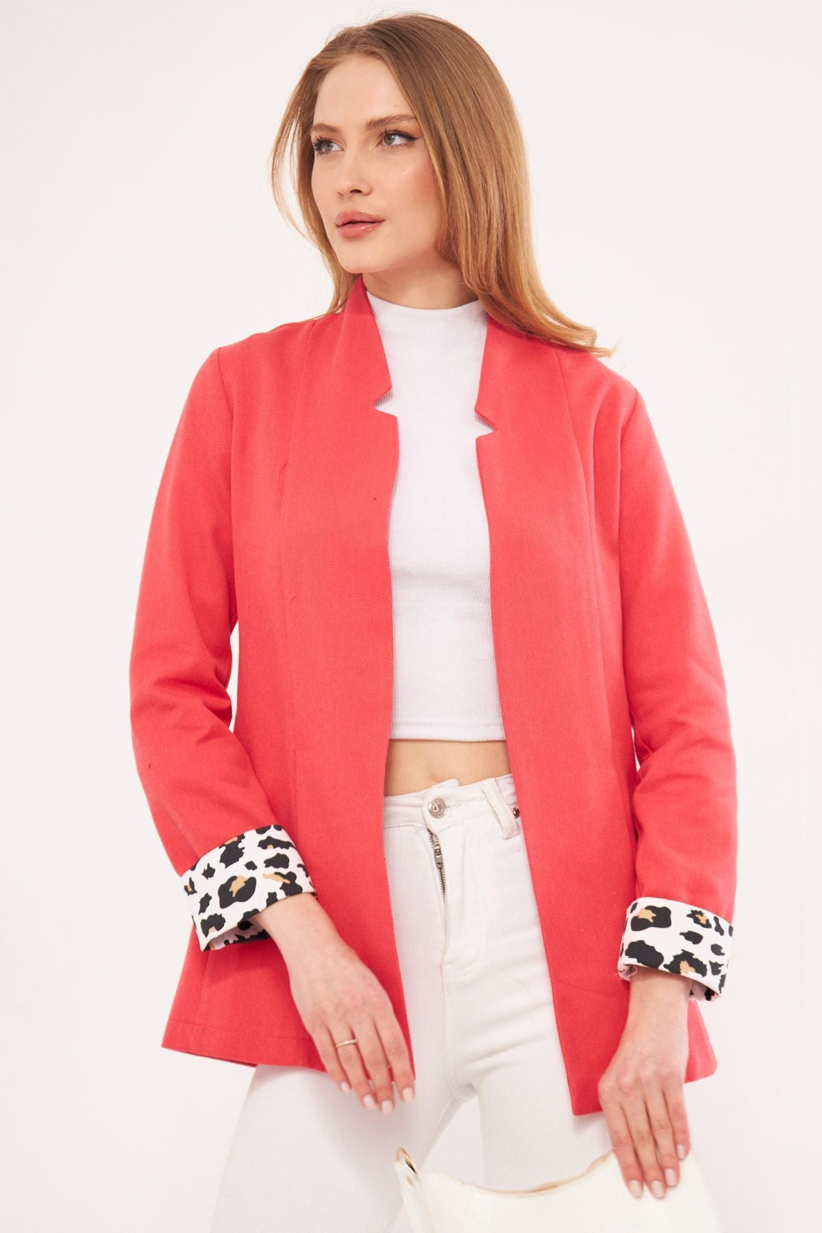 Female pomegranate flower ikosiena jacket upright collar sleeve intra-arm leopard patterned ARM-24Y001044