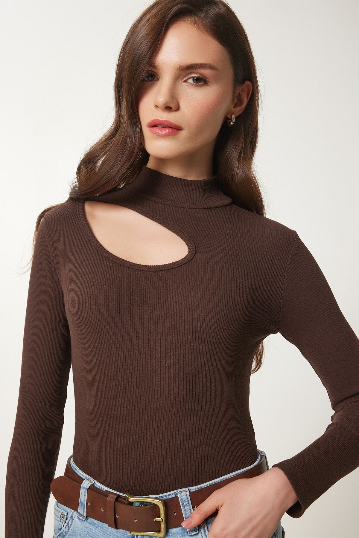 Female Brown Cut Out Detailed Wick Knitting Blouse GT00065