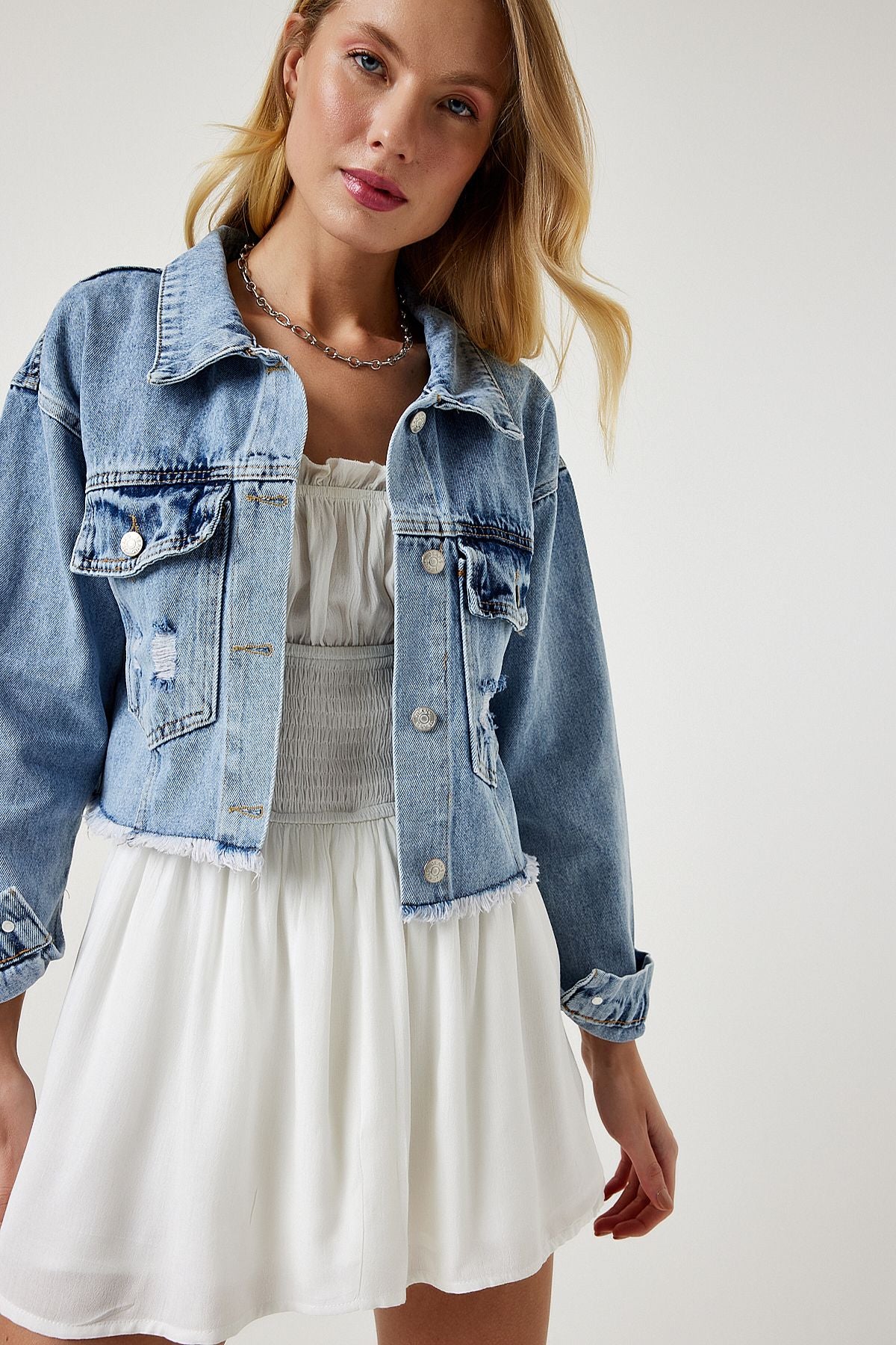 Woman Light Blue Tassel Detailed Denim Crop Jacket RV00159