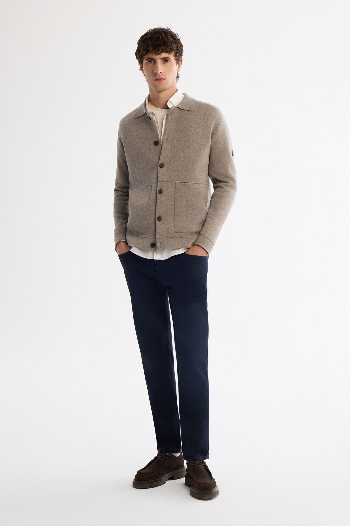 Men's mink polo collar woolen kangaroo pocket knitwear cardigan A42y5141