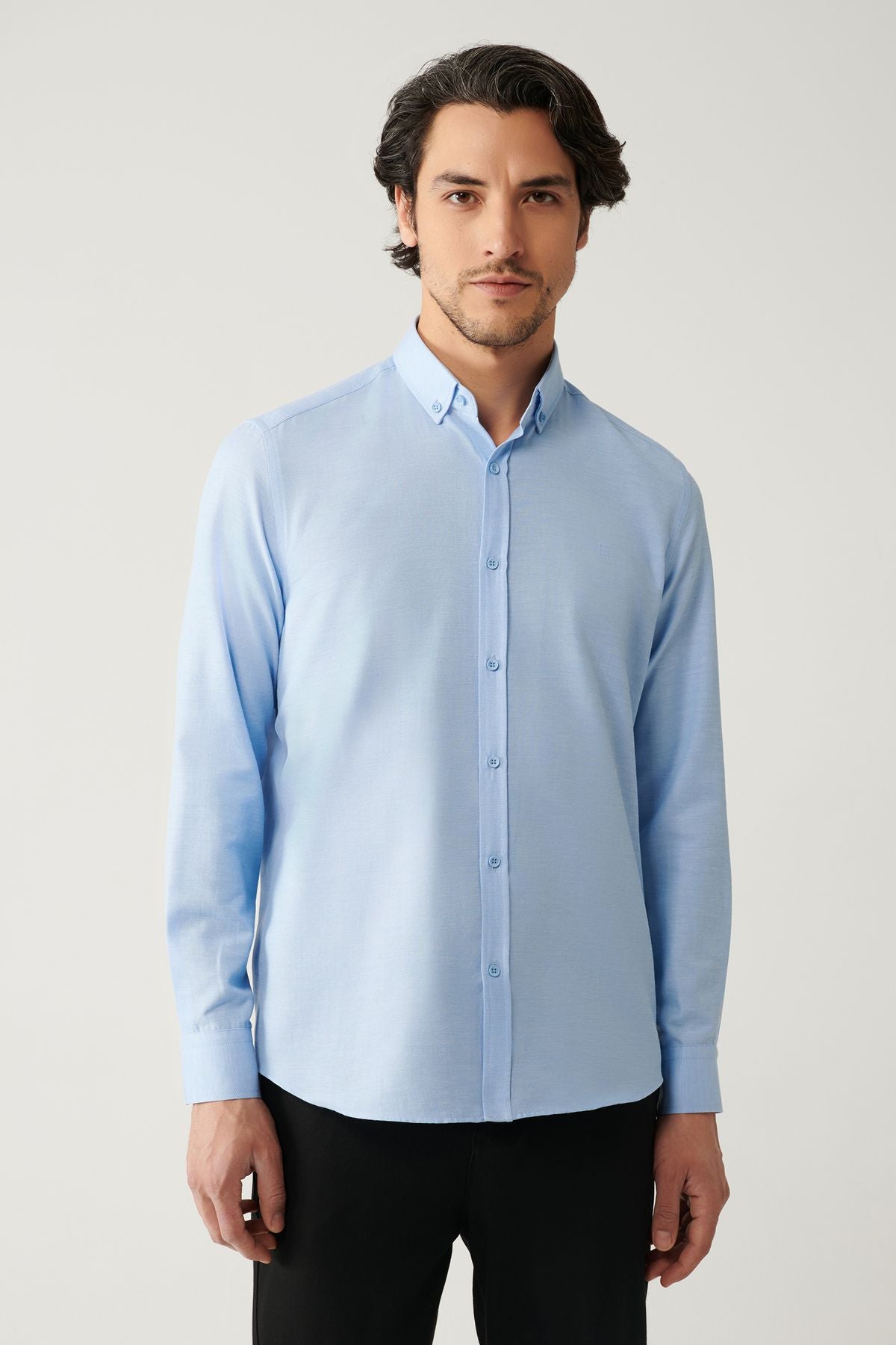 Men's blue button collar easily ironed cotton Oxford Shirt E002000