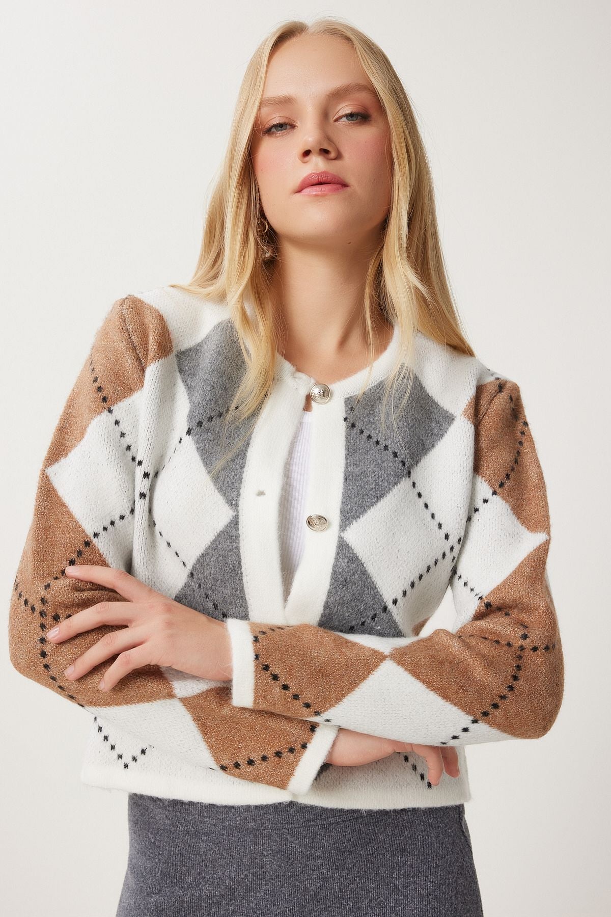 Female mink Ecru baklava patterned knitwear cardigan US00939