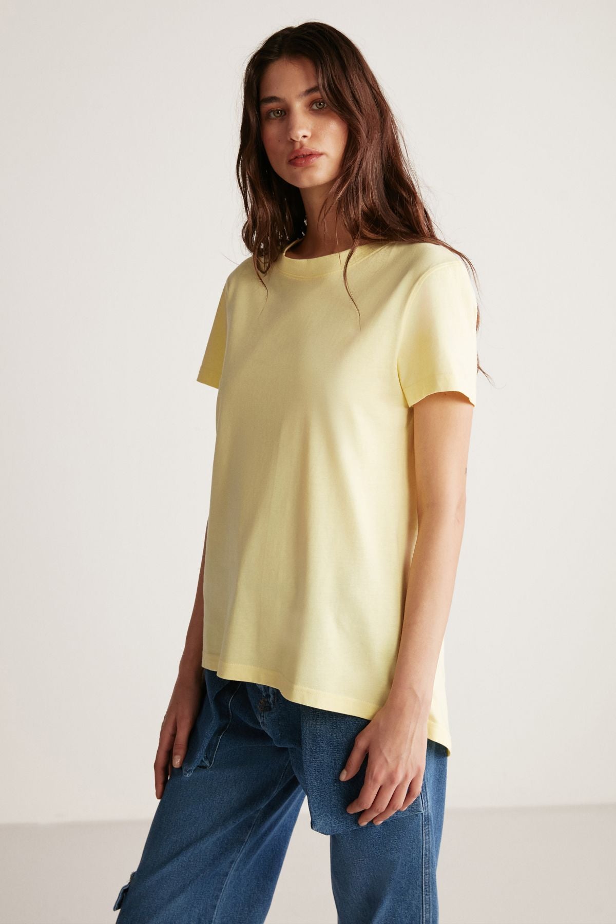 Samantha Women Comfort Fit 100 %Organic Cotton Basic Knitting Light Yellow T-shirt