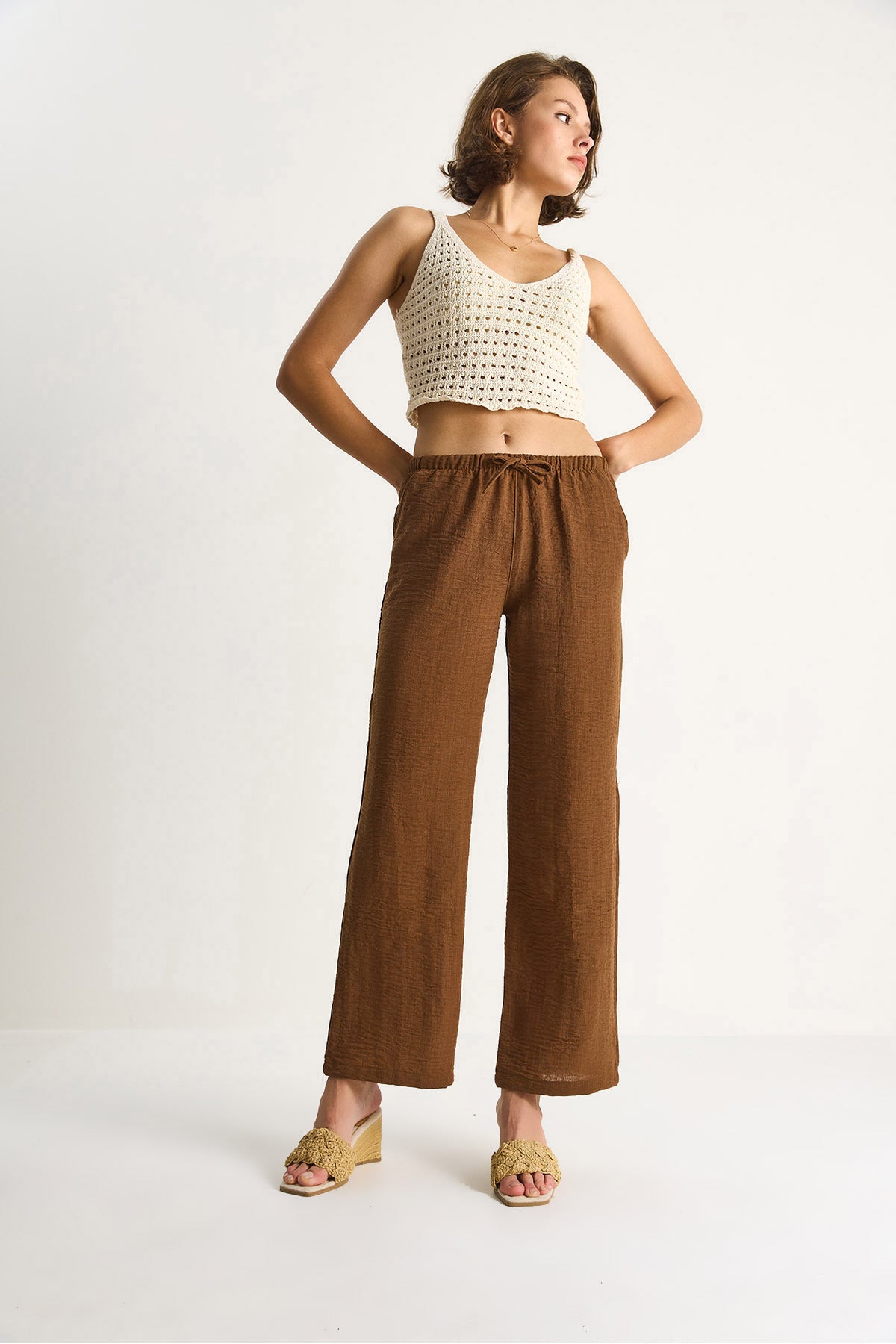 Women's Tie Waist Pocket Detailed Linen Palazzo Trousers R6675 60283146