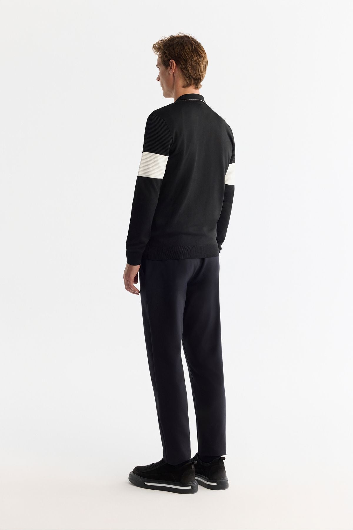 Men's black zipper polo collar block colored knitwear sweater A42Y5030