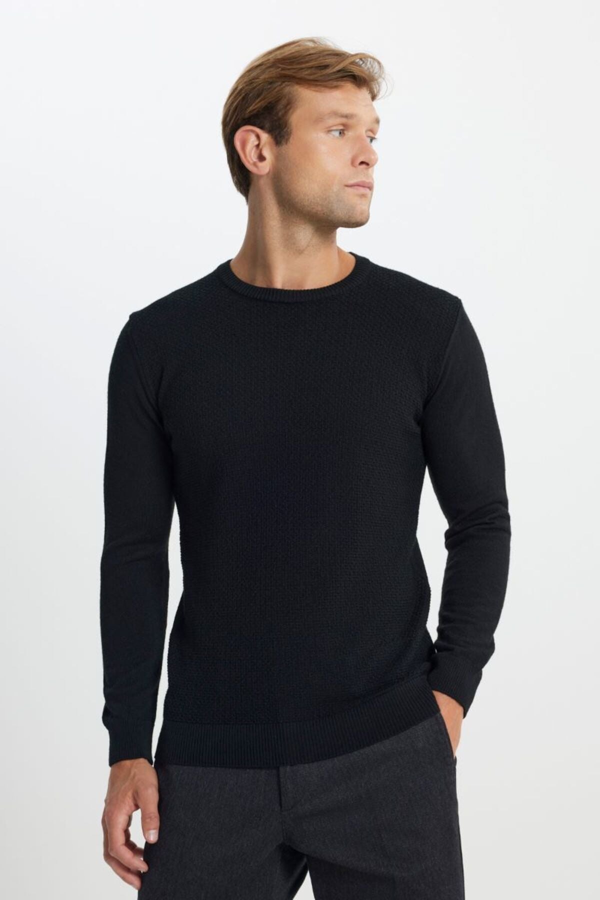 Cotton Standard Fit Normal Normal Cut Bike Yaka Jacquard Knitwear Black Sweater