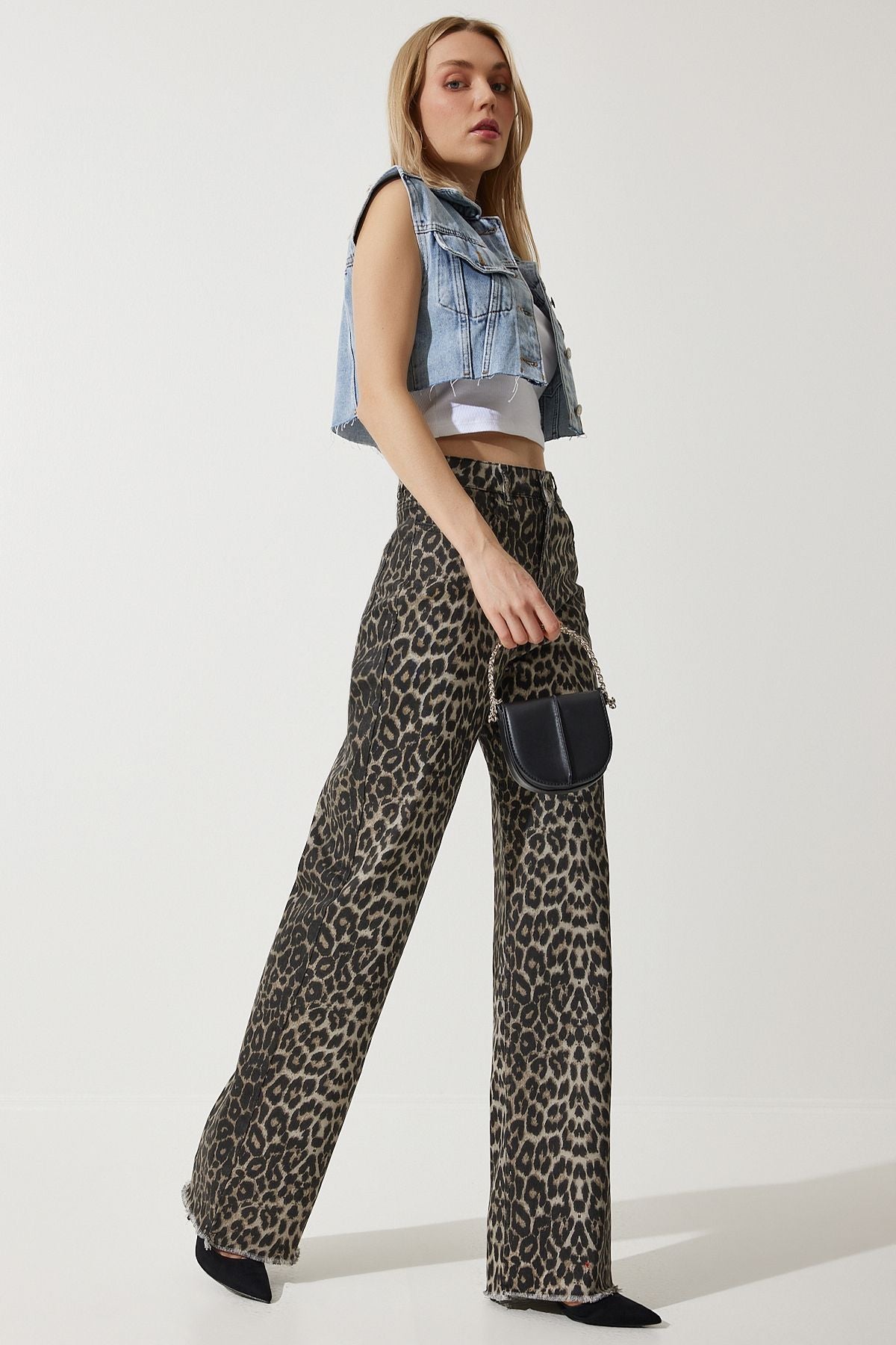 Women's black beige leopard patterned Palazzo Jean VC00002