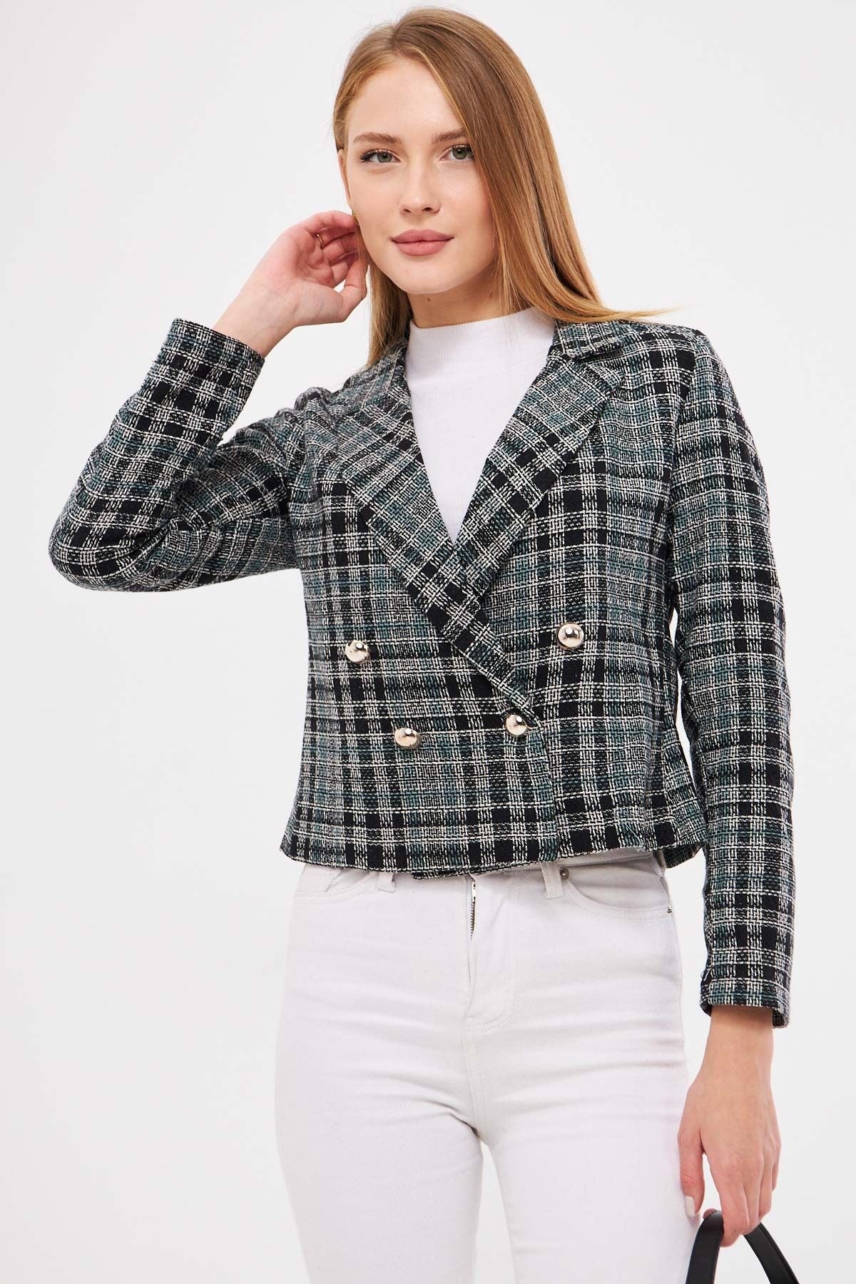 Female turquoise cruve collar tüvit crop jacket ARM-24K001014