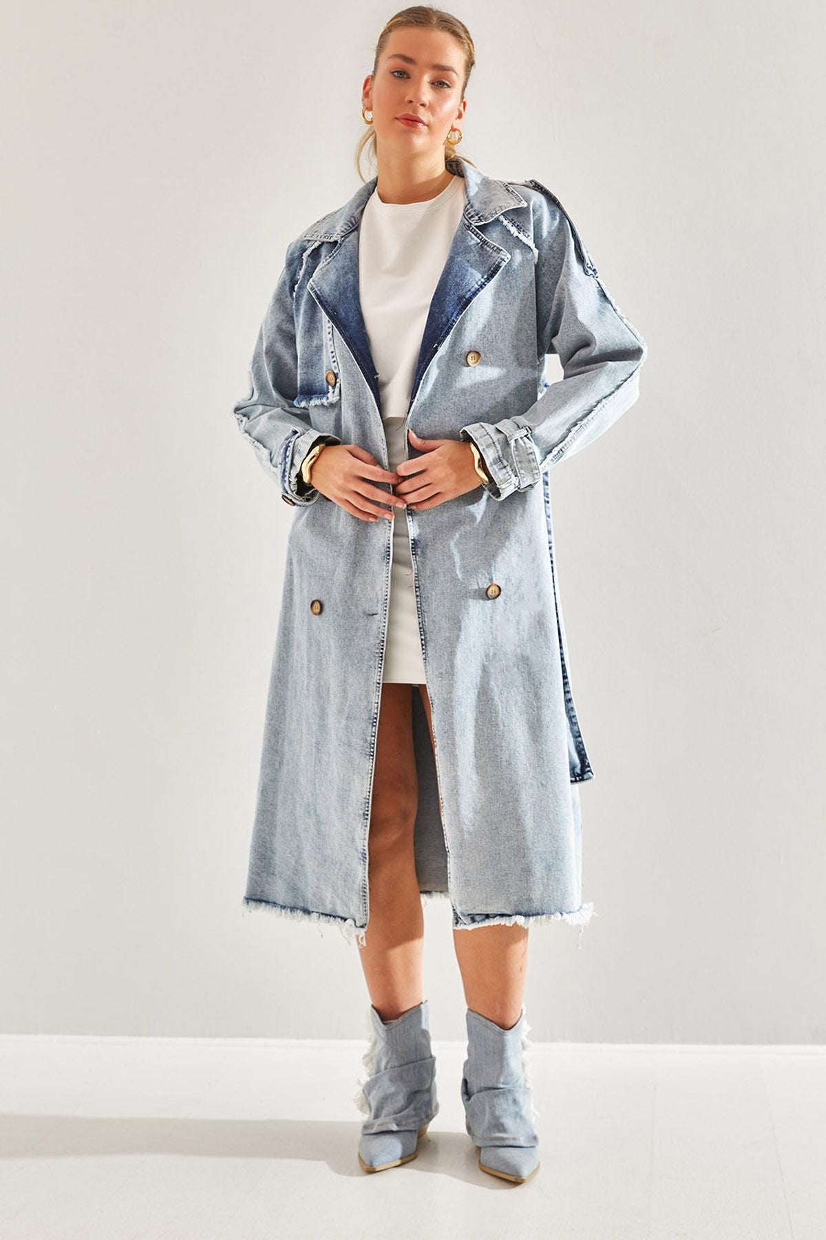 WOMEN'S APOLICED BEDED Jeans Trench Coat 60181038