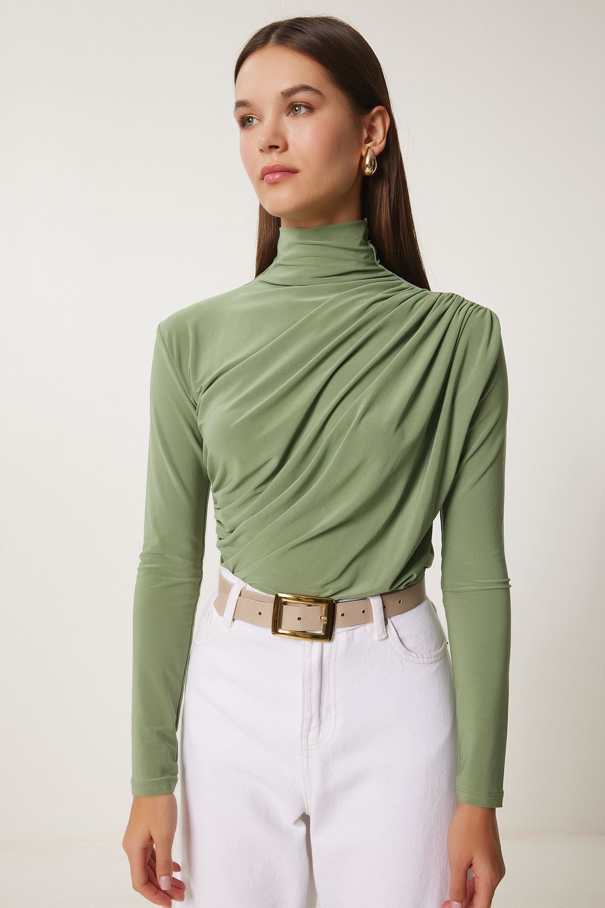 Women's Cagla Green Shirring Detailed Sandy Blouse FF00135