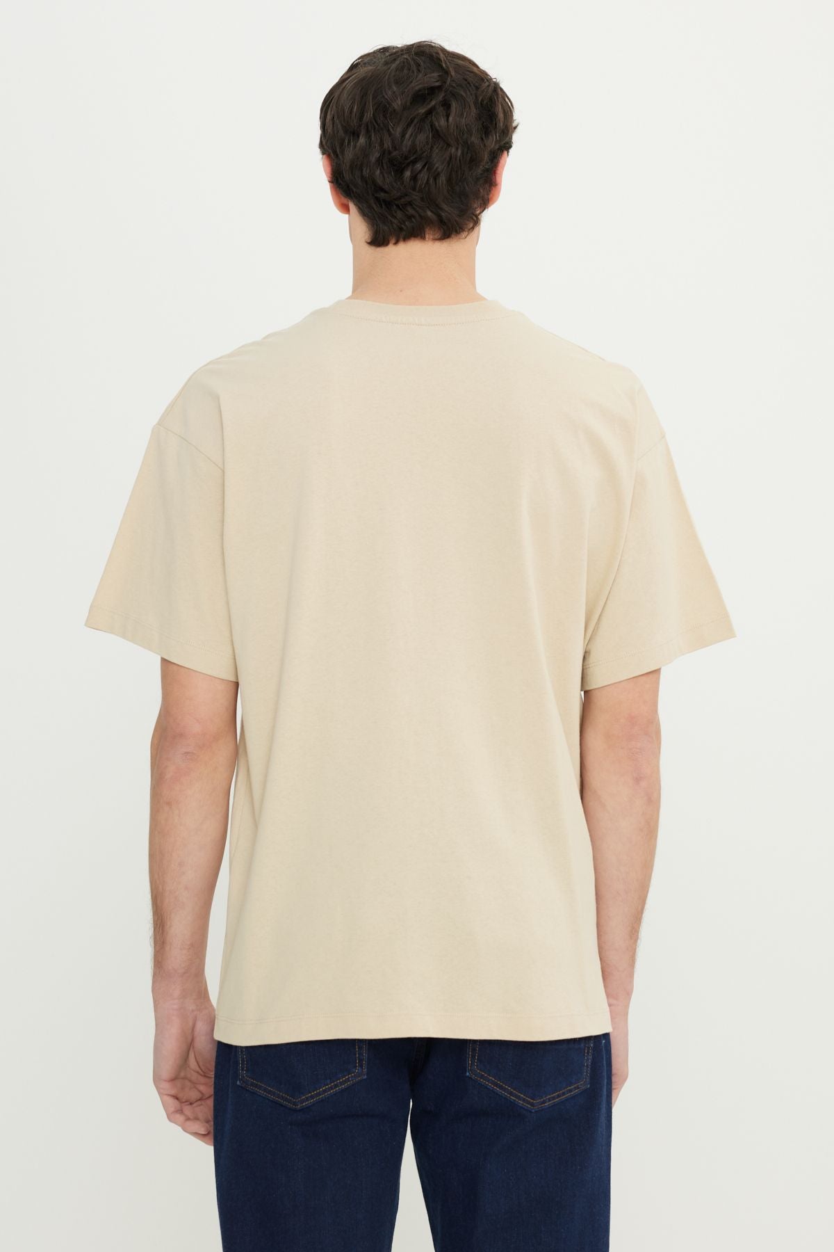 Men's Beige 100 %Cotton Oversizle Fit Casual Cut Bicycle Collar Printed T -shirt